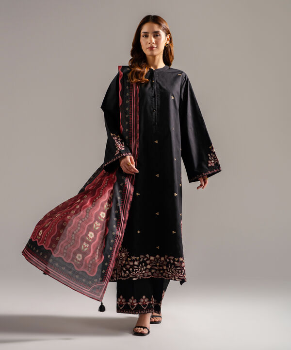 2 Piece - Embroidered Cotton Satin Suit