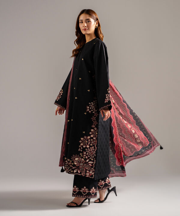 2 Piece - Embroidered Cotton Satin Suit