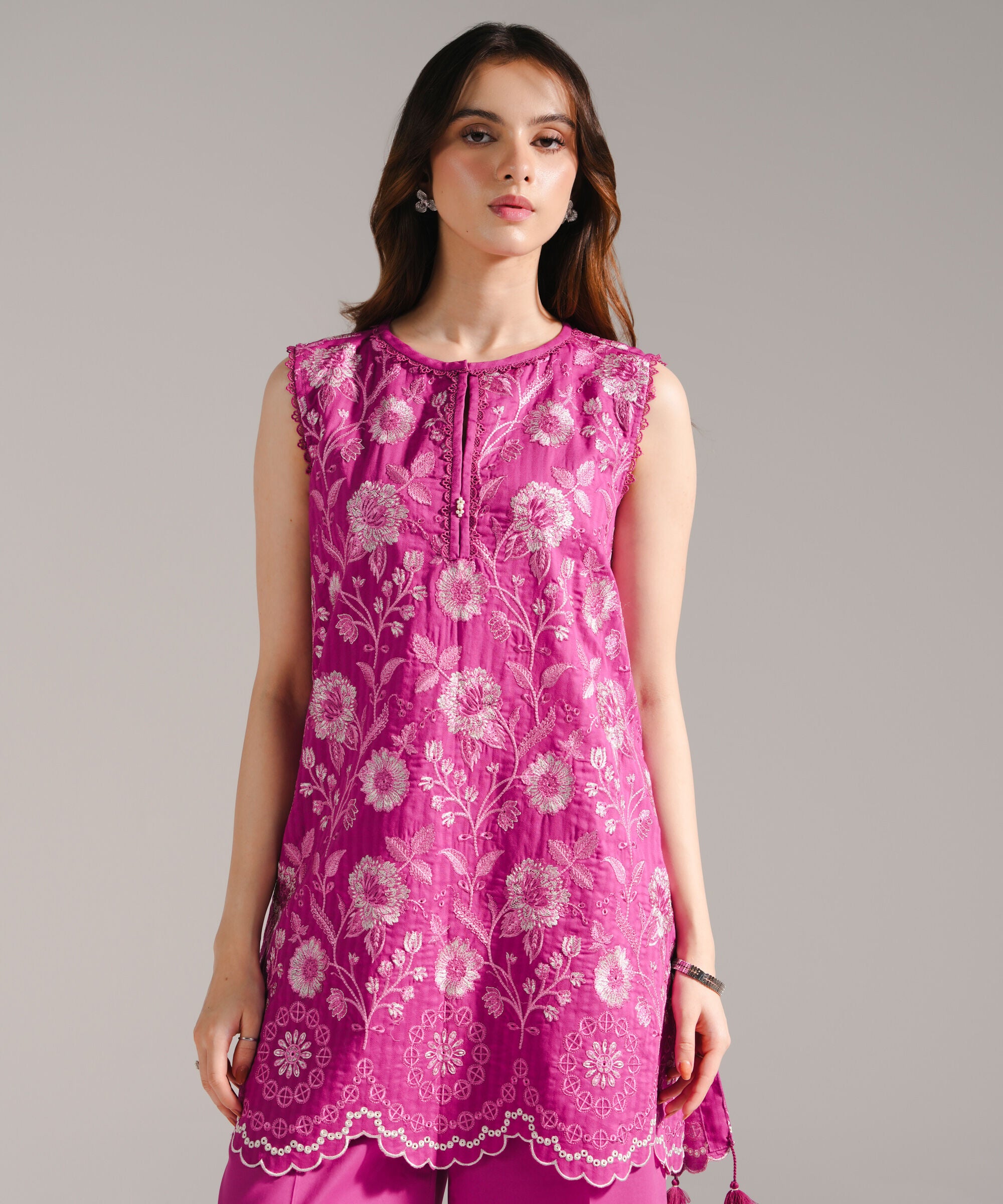 Women's RTW Textured Cotton Embroidered Dark Pink 2 Piece Suit