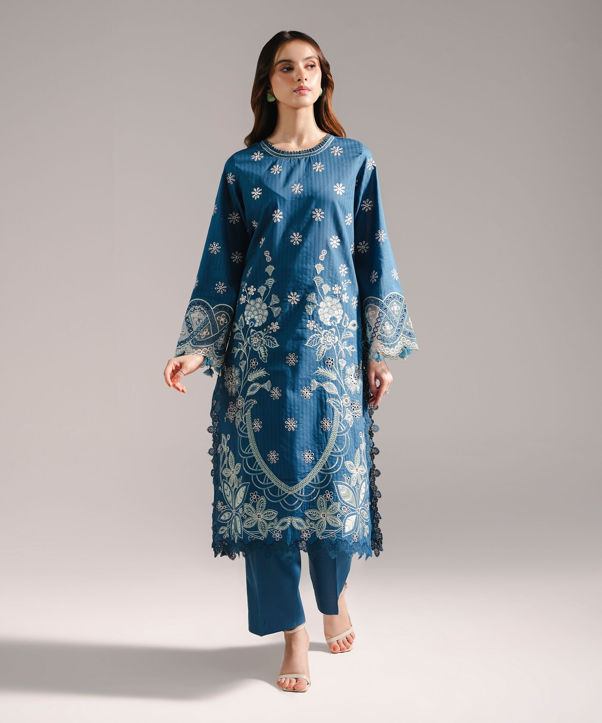 Women's RTW Textured Cotton Embroidered Teal 2 Piece Suit