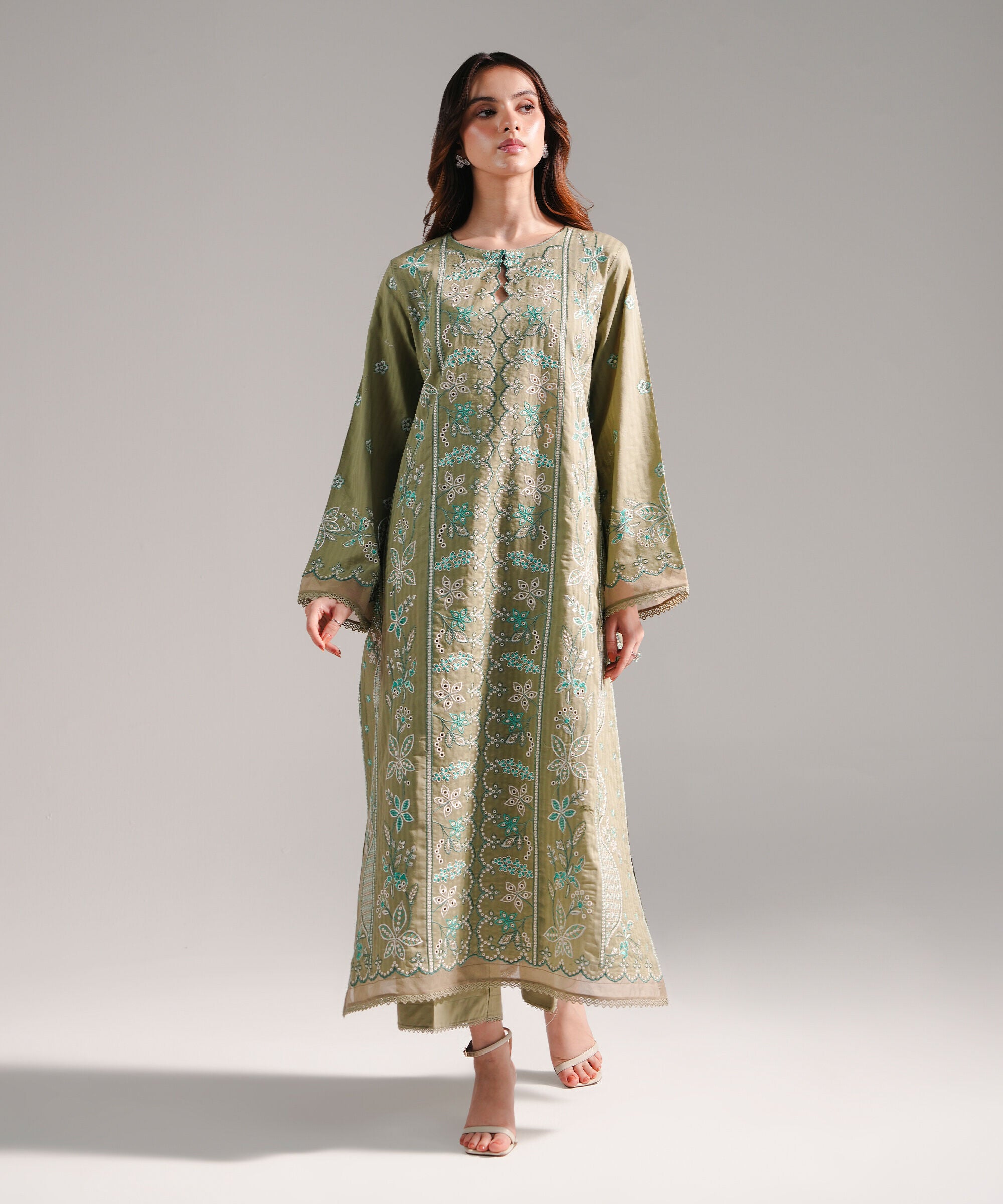 Women's RTW Textured Cotton Embroidered Olive Green 2 Piece Suit