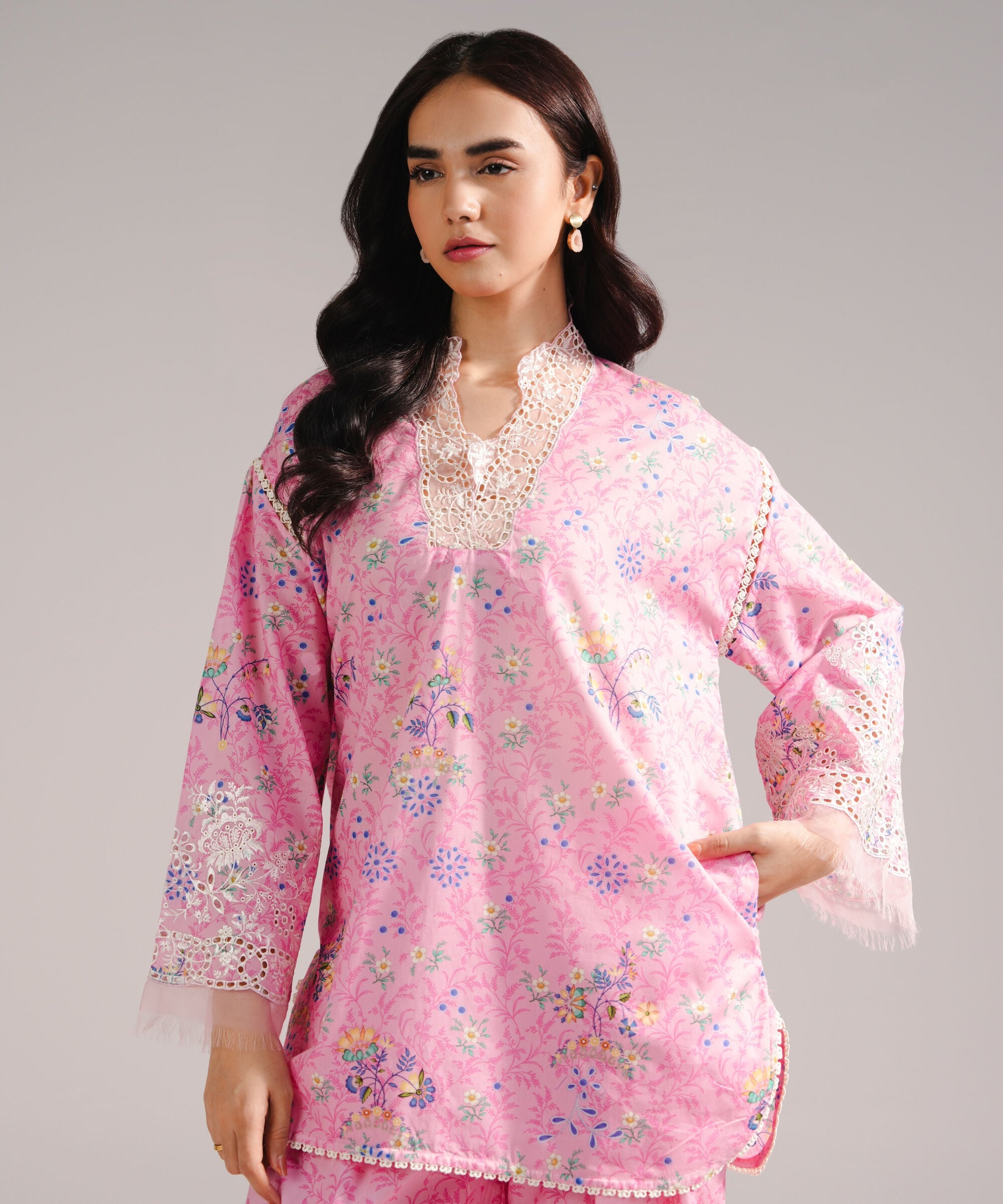 Women's RTW Lawn Embroidered Pink Straight Shirt