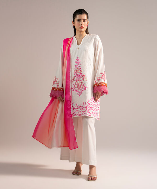 2 Piece - Embroidered Cotton Satin Suit