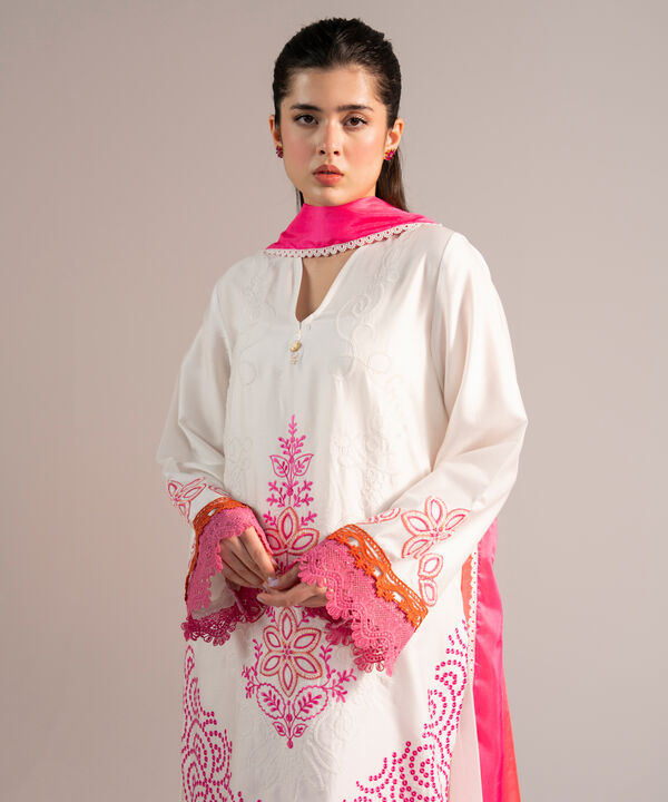 2 Piece - Embroidered Cotton Satin Suit
