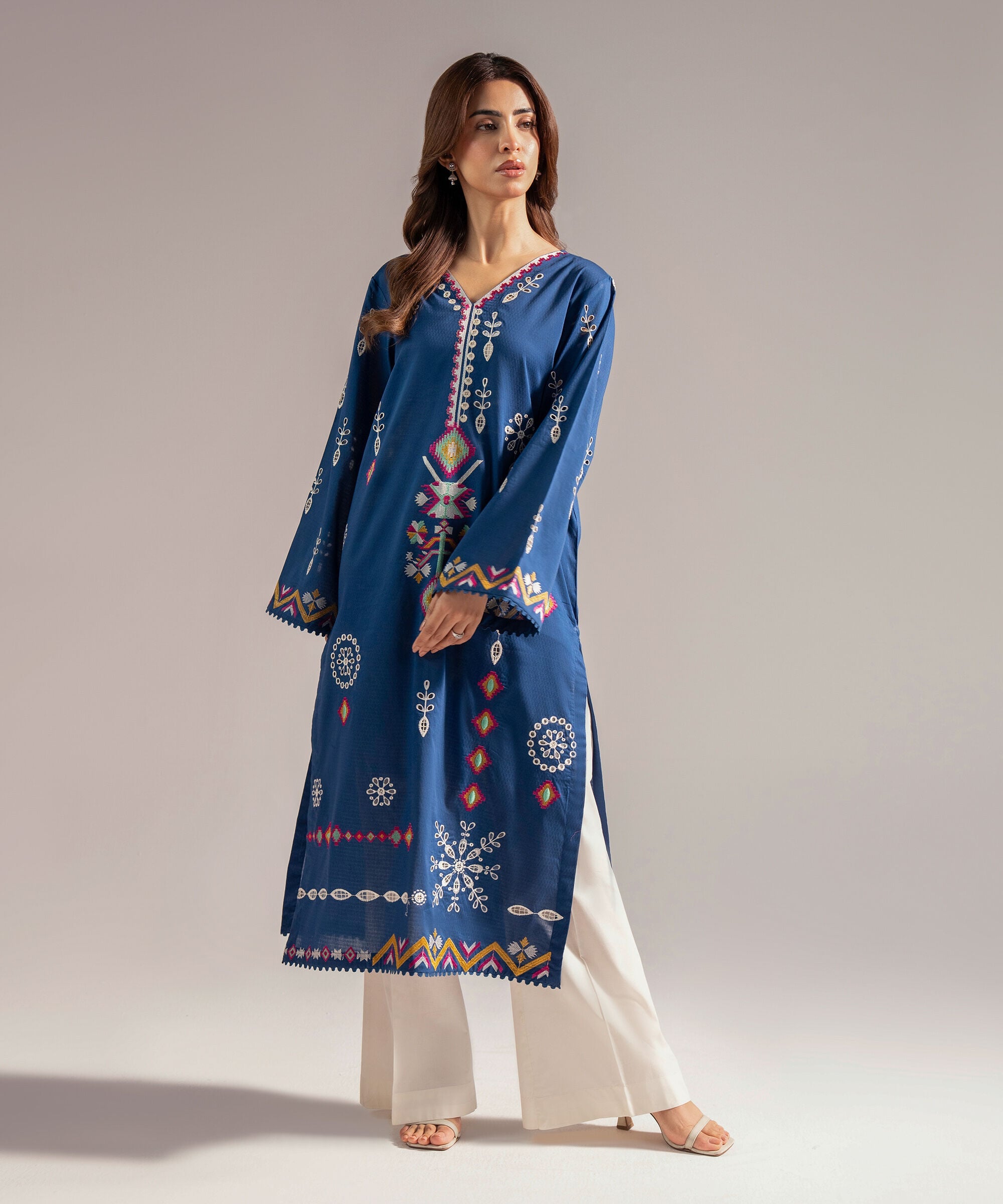Women's RTW Dobby Embroidered Straight Blue Shirt