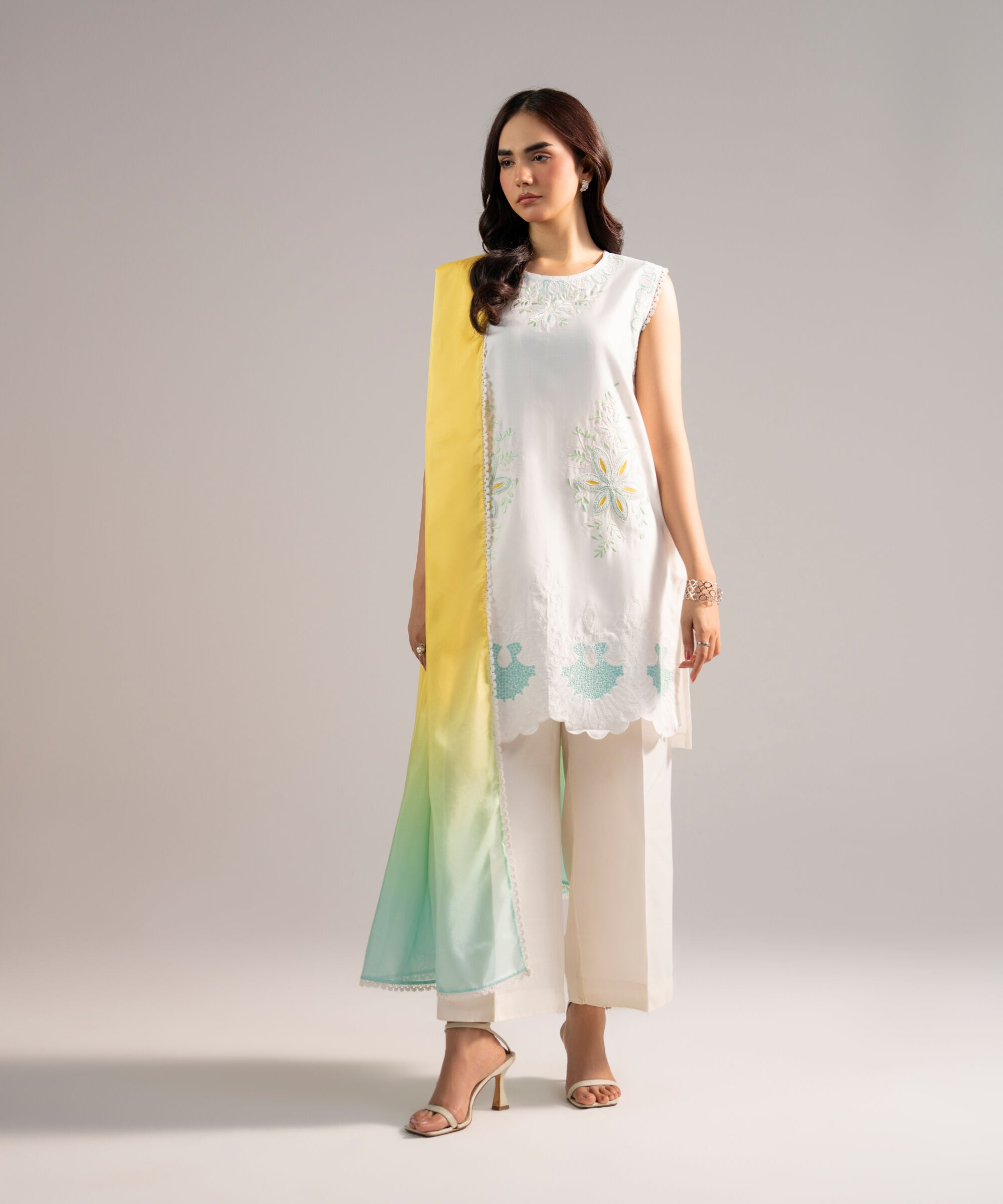 Women's RTW Cotton Satin Embroidered White 2 Piece Suit