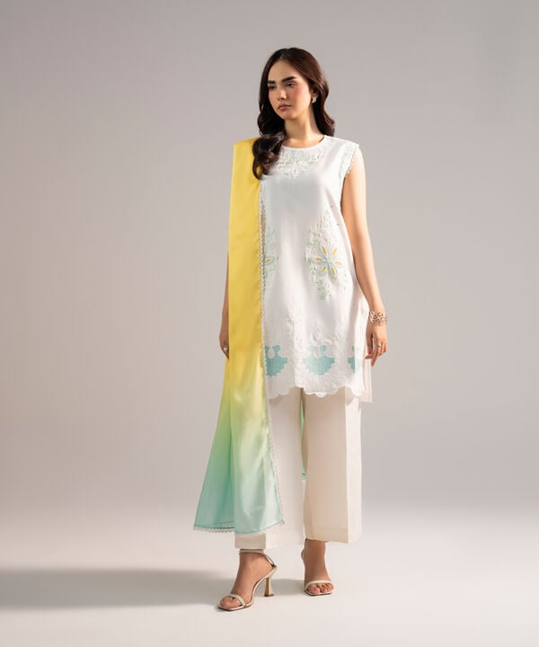 2 Piece - Embroidered Cotton Satin Suit