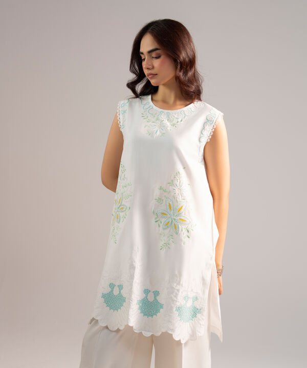 2 Piece - Embroidered Cotton Satin Suit