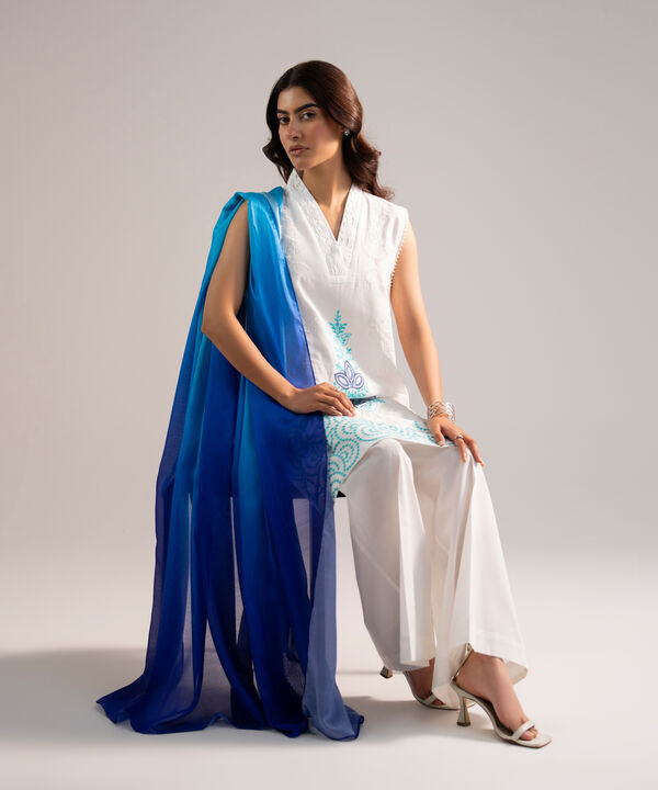 2 Piece - Embroidered Cotton Satin Suit
