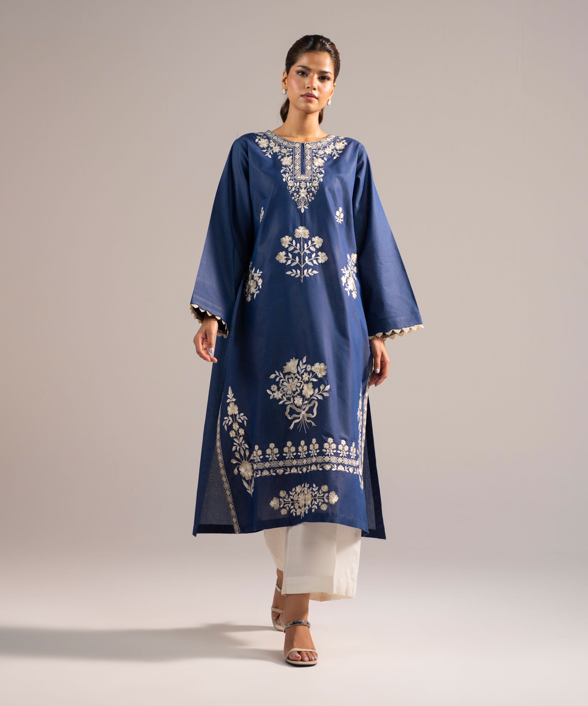 Women's RTW Zari Lawn Embroidered Dark Blue A-Line Shirt
