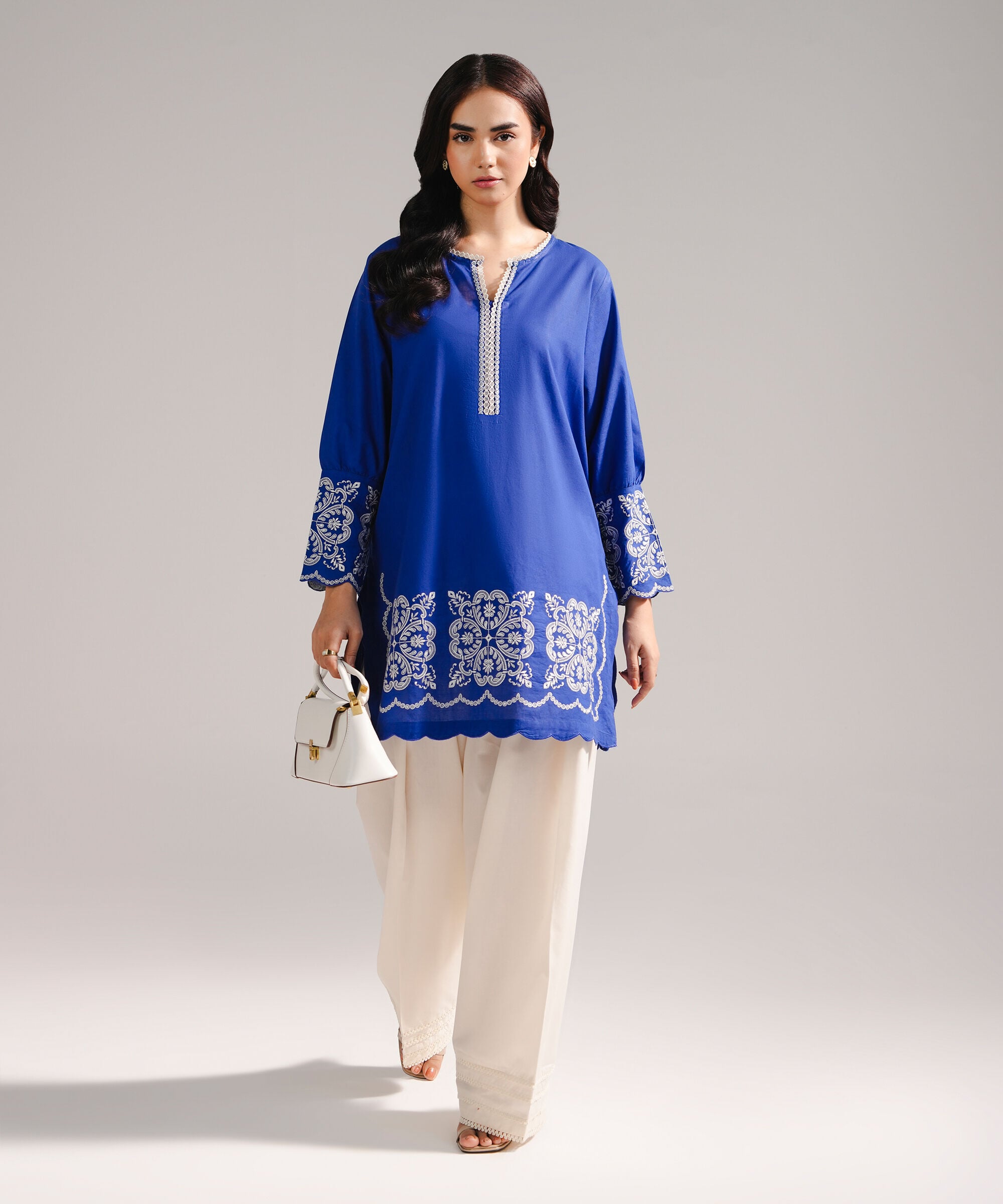 Women's RTW Slub Lawn Embroidered Dark Blue Straight Shirt
