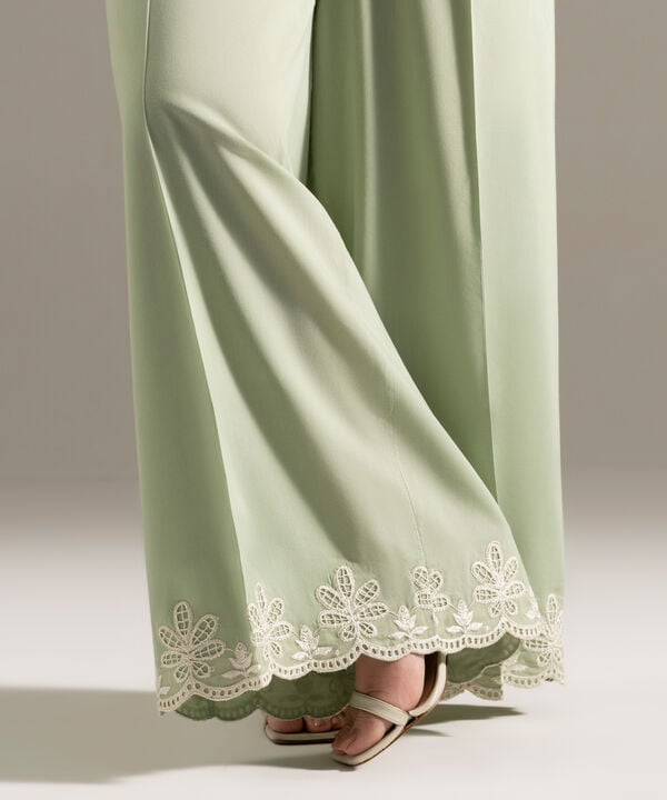 Embroidered Cotton Viscose Straight Pants