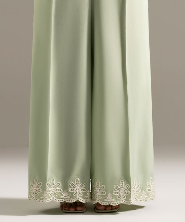 Embroidered Cotton Viscose Straight Pants