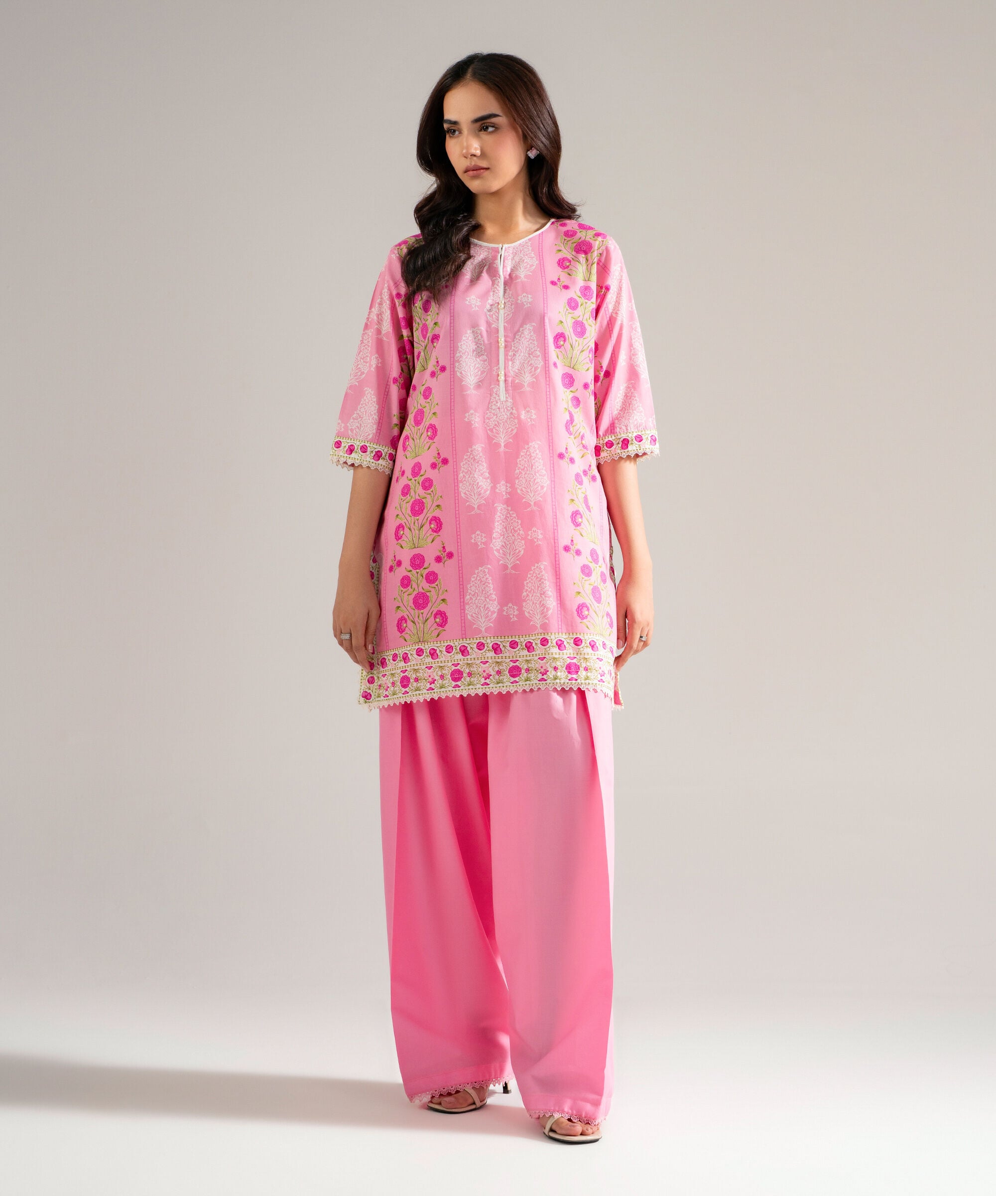 Women's RTW Slub Lawn Printed Pink Straight Shirt