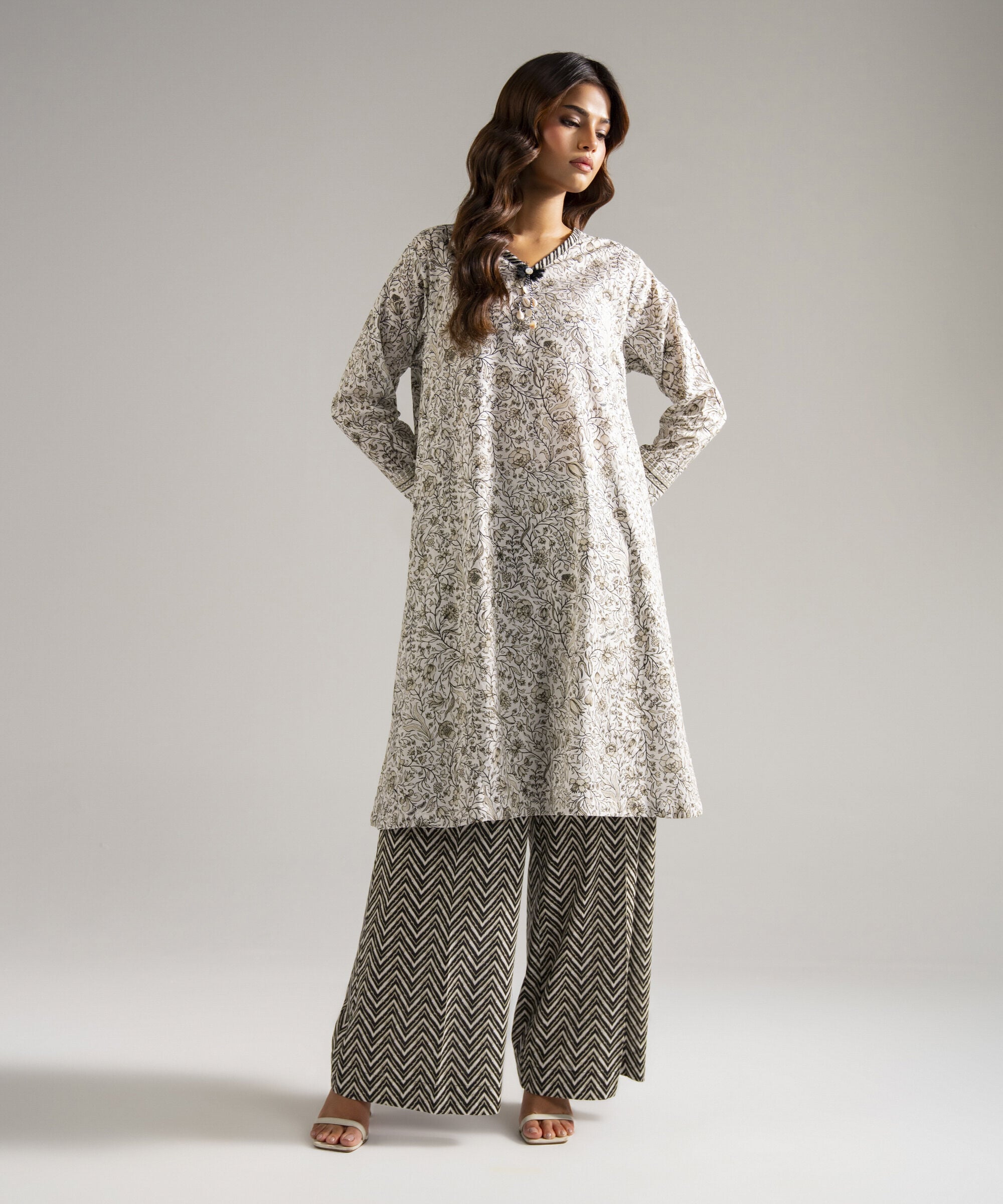 Women's RTW Lawn Printed White A-Line Shirt