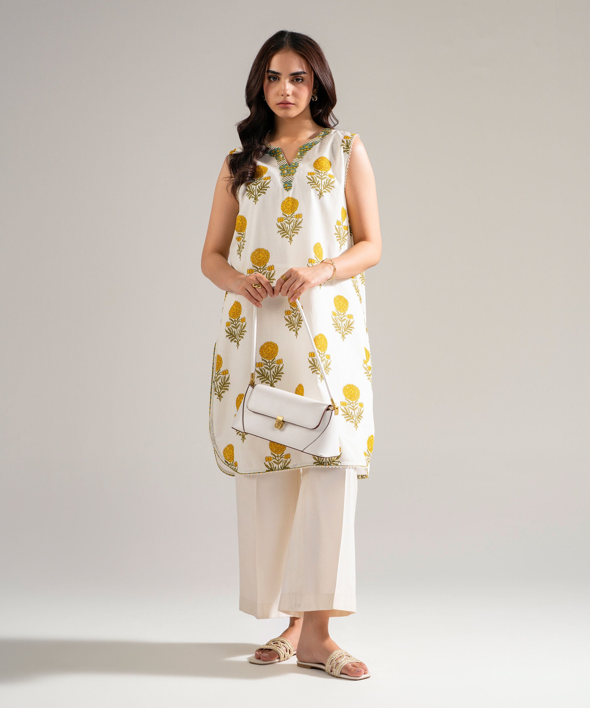 Women's RTW Slub Lawn Printed Off White Straight Shirt