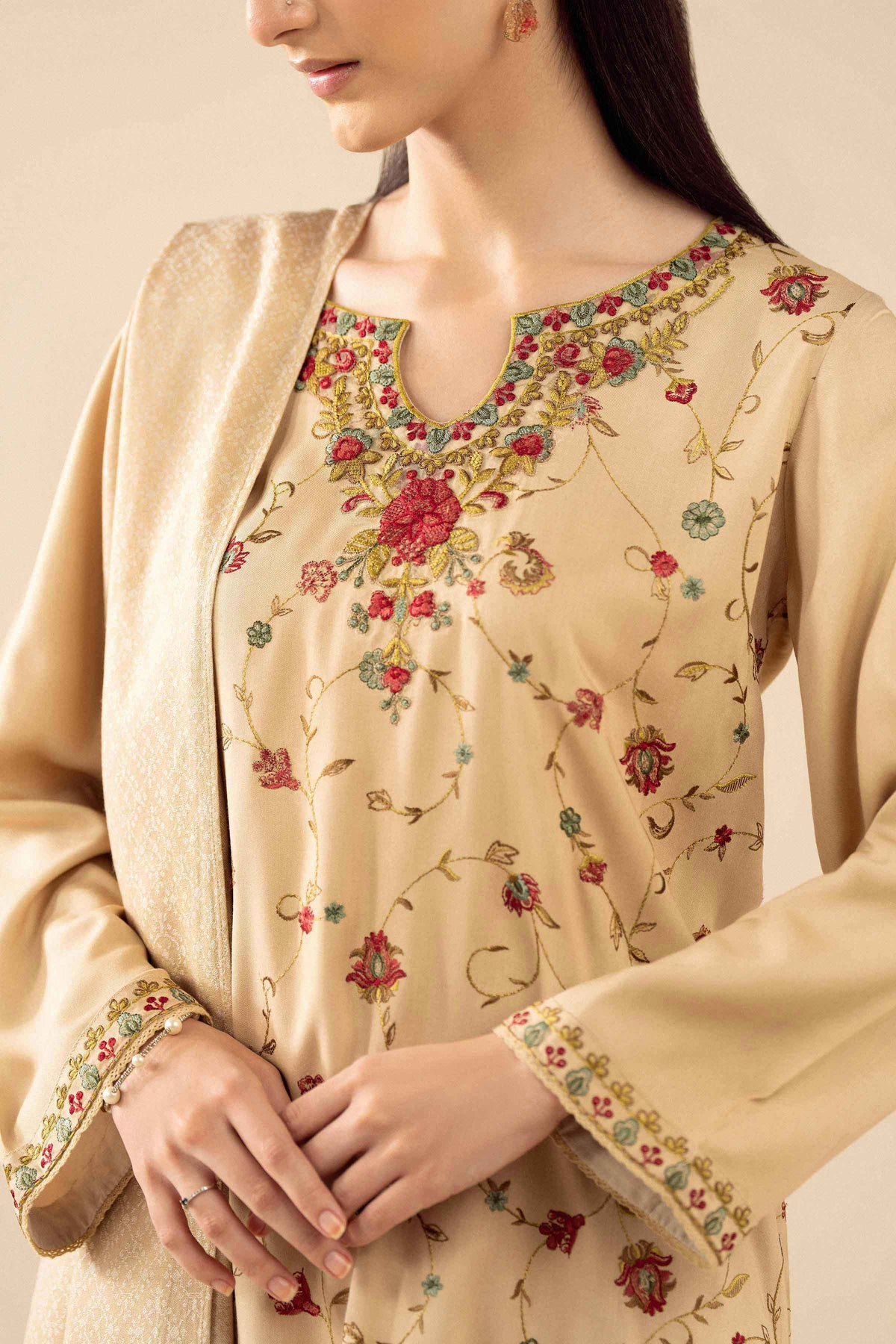 Beige 2 Piece - Embroidered Suit - PW25-186