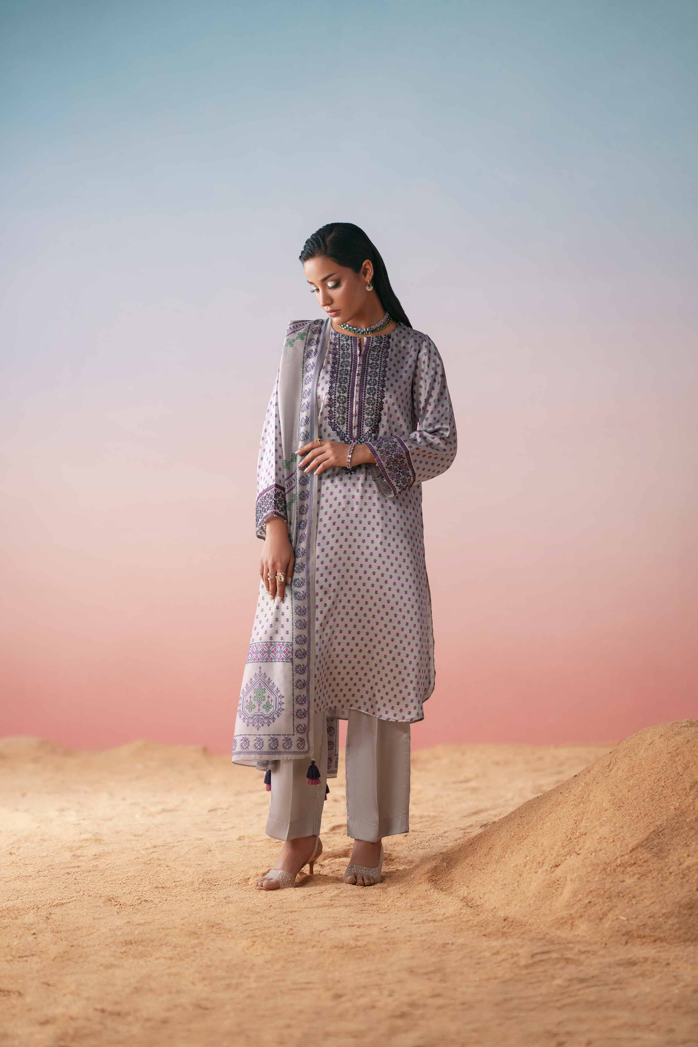 3 Piece - Printed Embroidered Suit - PW25-409