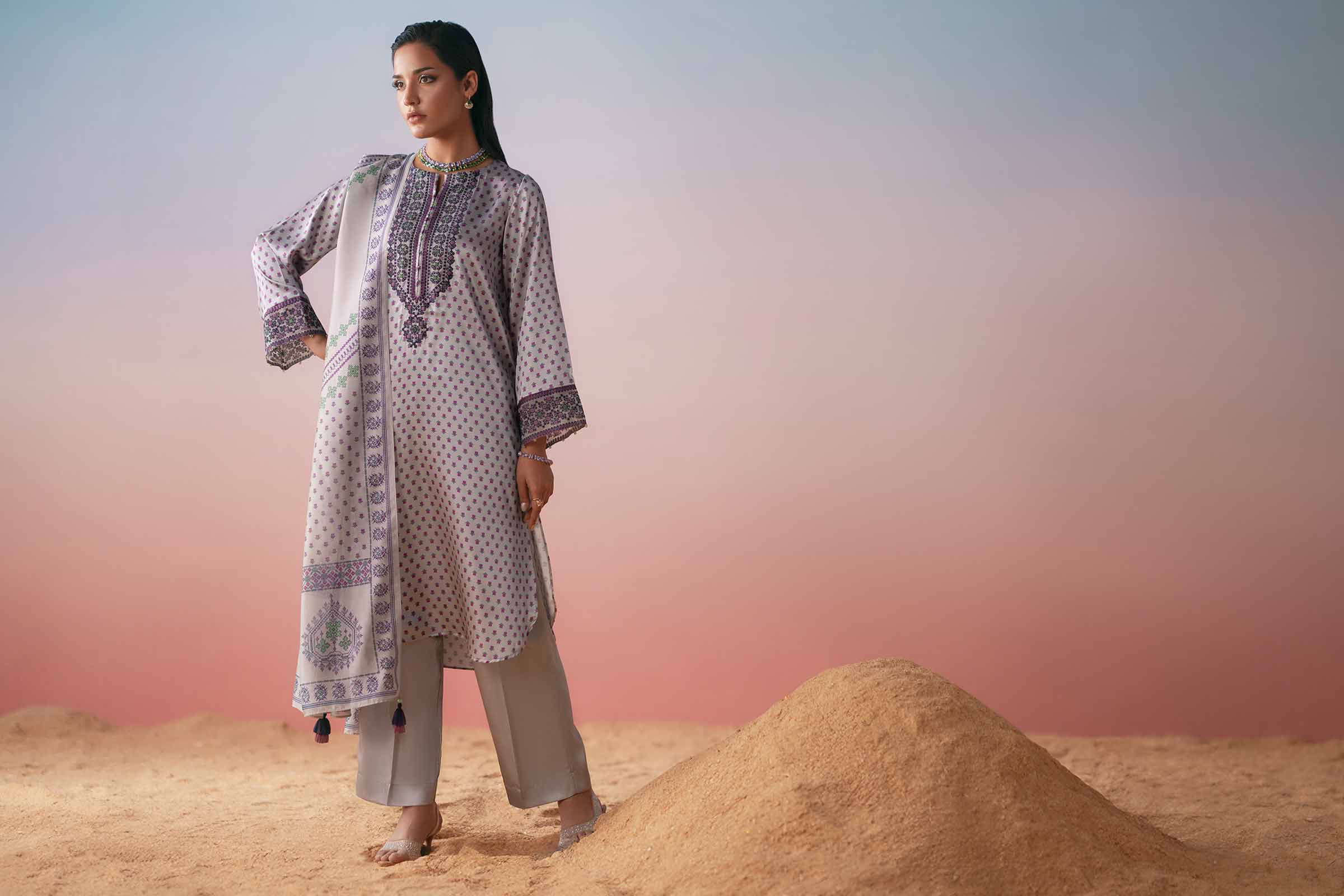 3 Piece - Printed Embroidered Suit - PW25-409