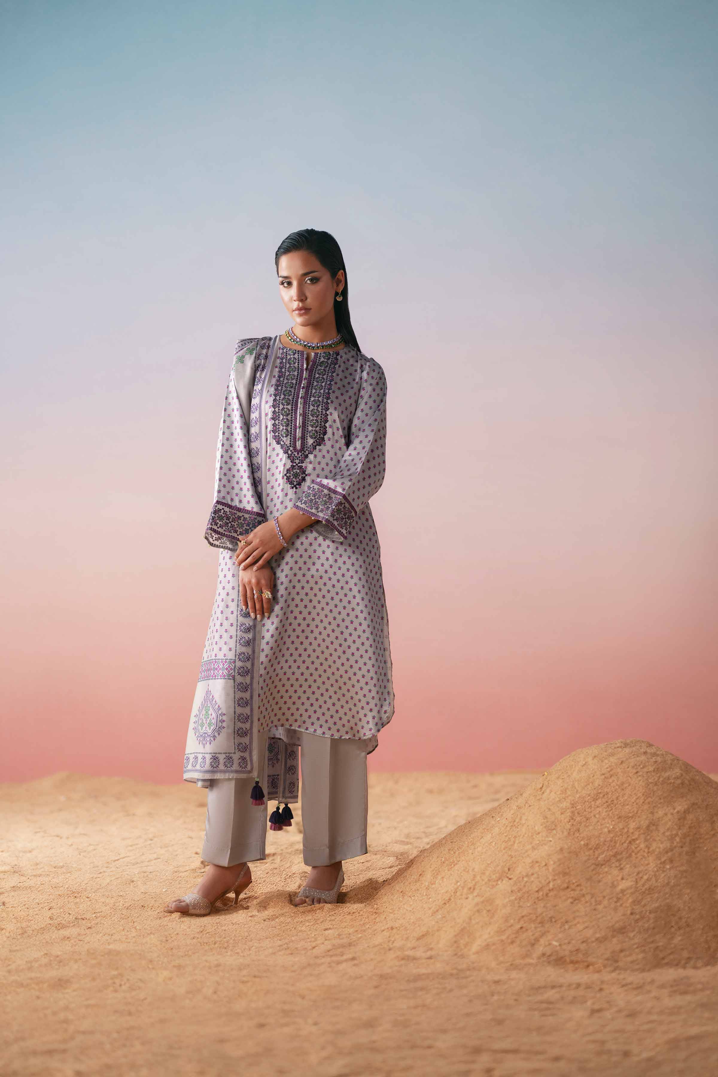 3 Piece - Printed Embroidered Suit - PW25-409