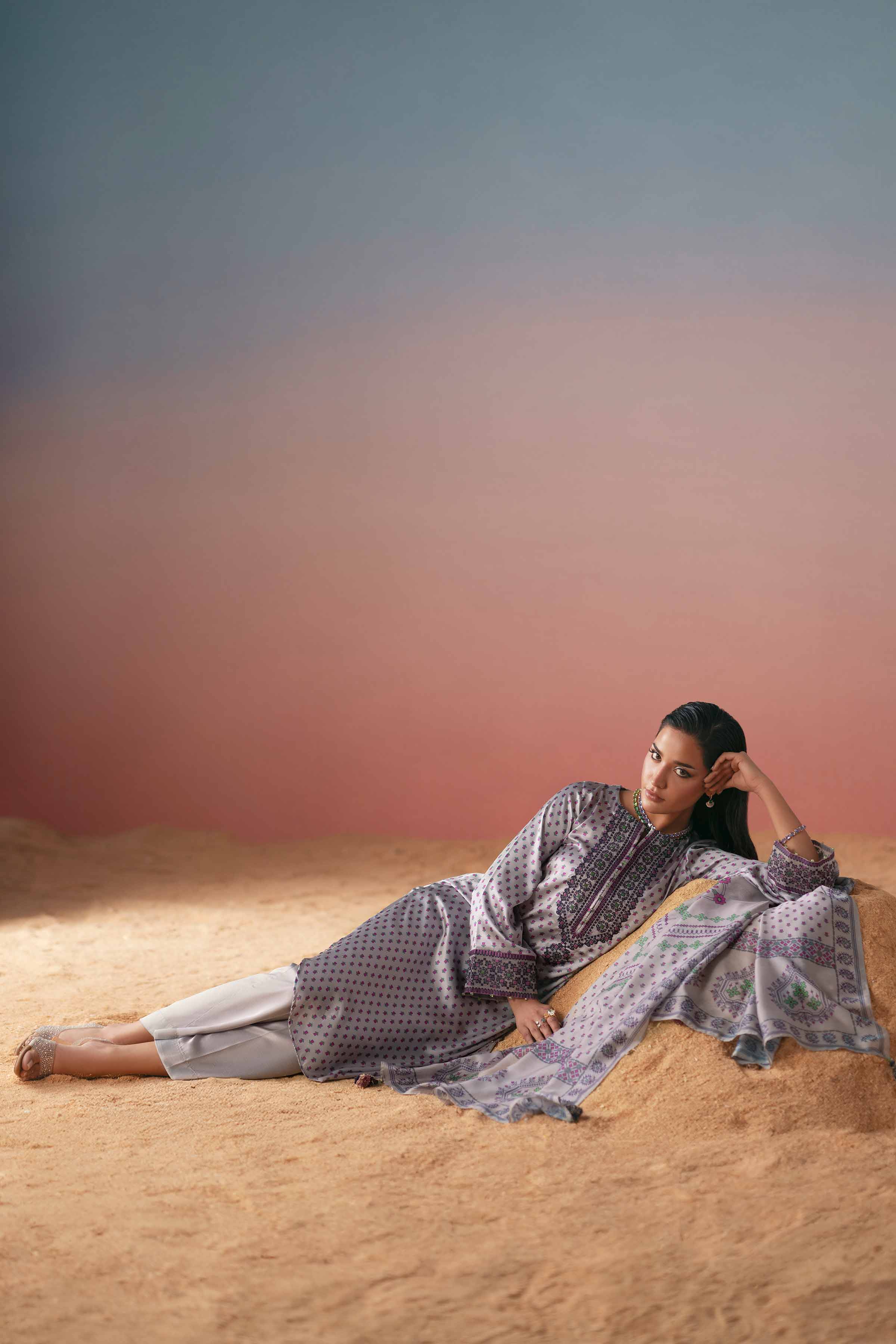 3 Piece - Printed Embroidered Suit - PW25-409