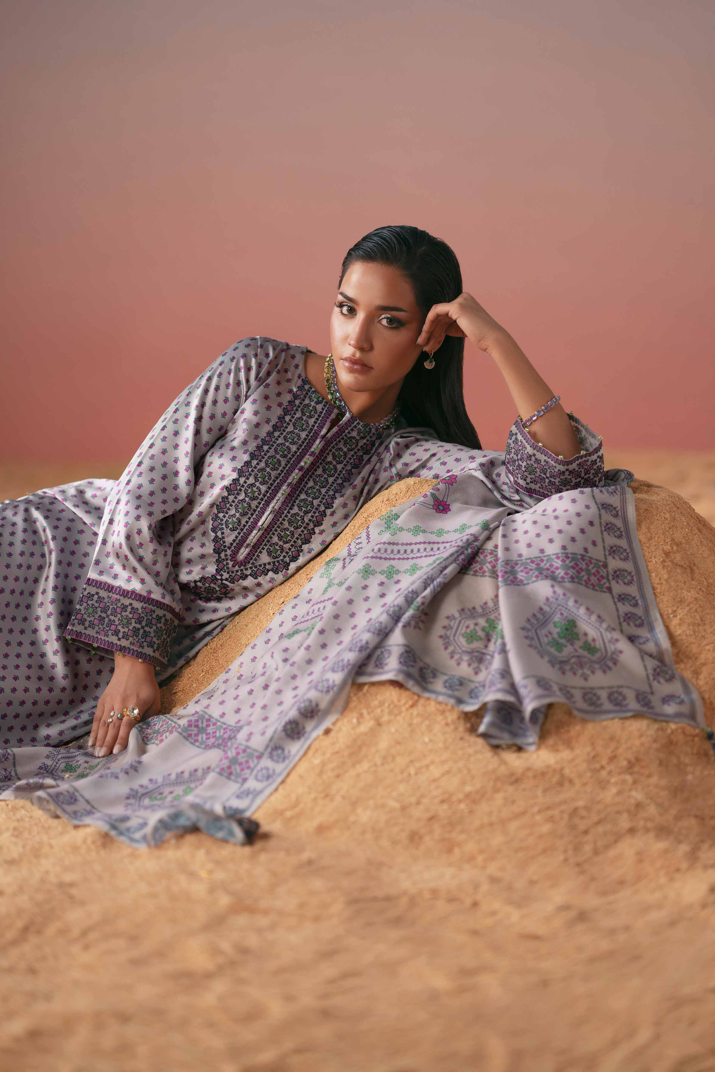 3 Piece - Printed Embroidered Suit - PW25-409