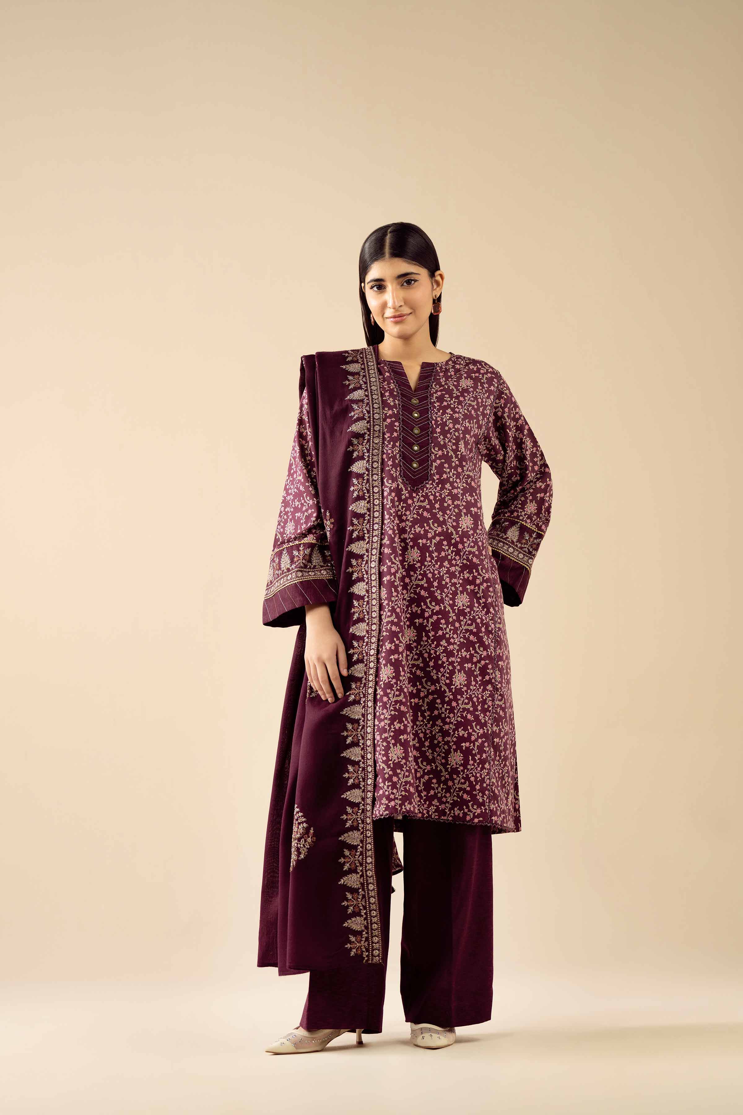 3 Piece - Printed Embroidered Suit - PW25-429