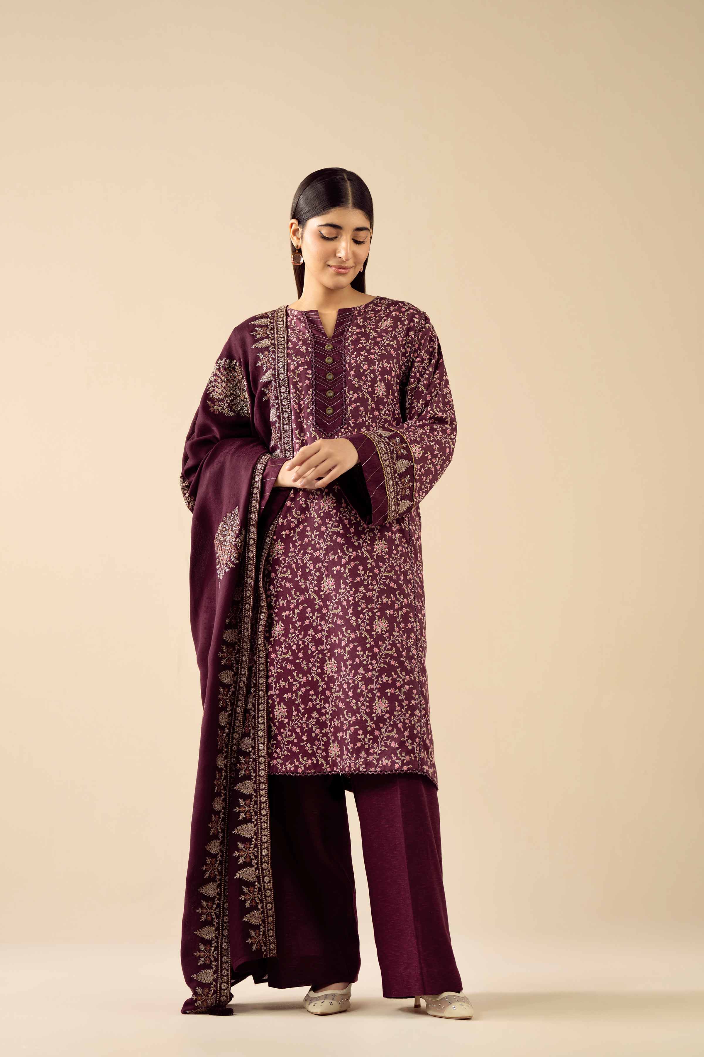 3 Piece - Printed Embroidered Suit - PW25-429
