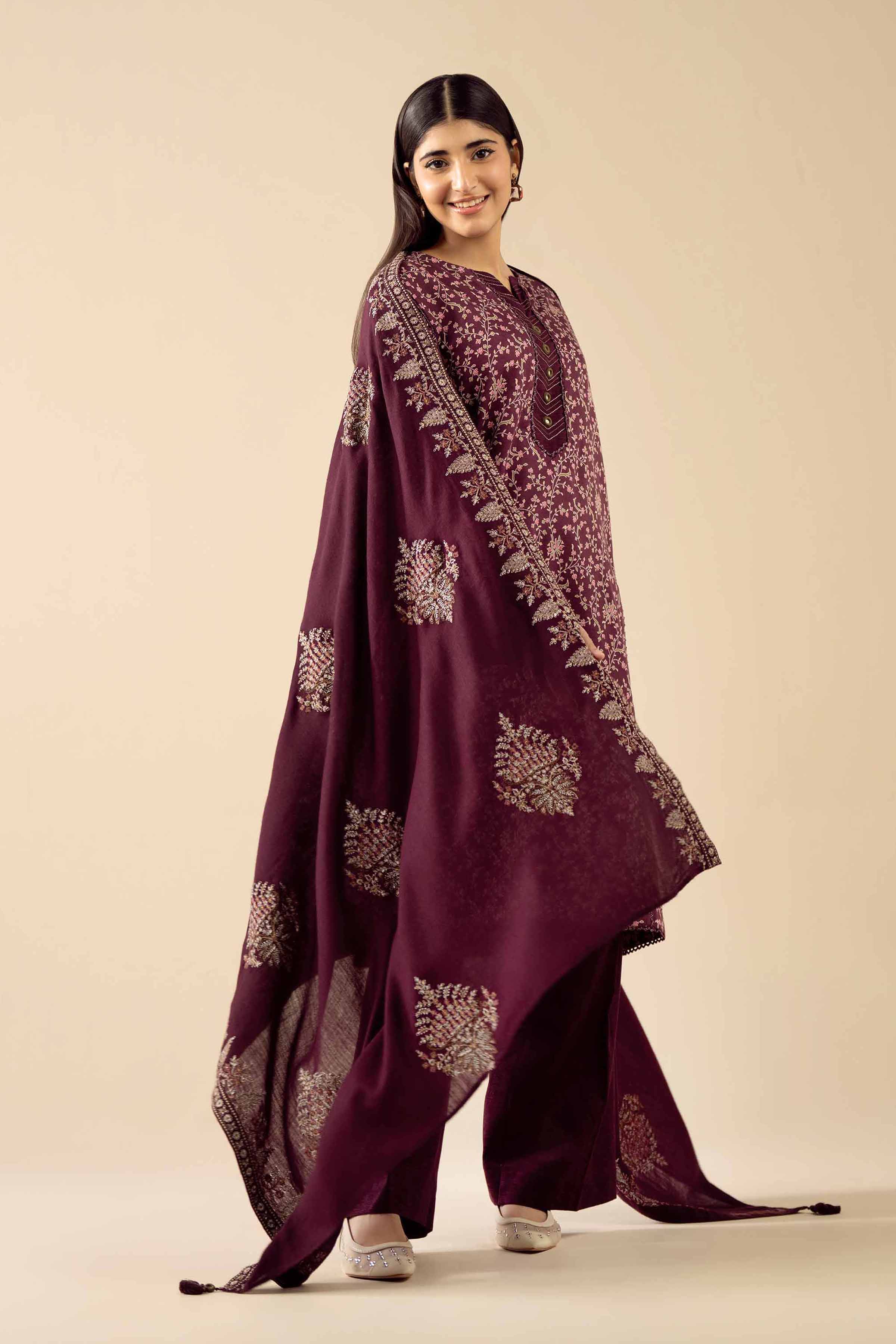 3 Piece - Printed Embroidered Suit - PW25-429