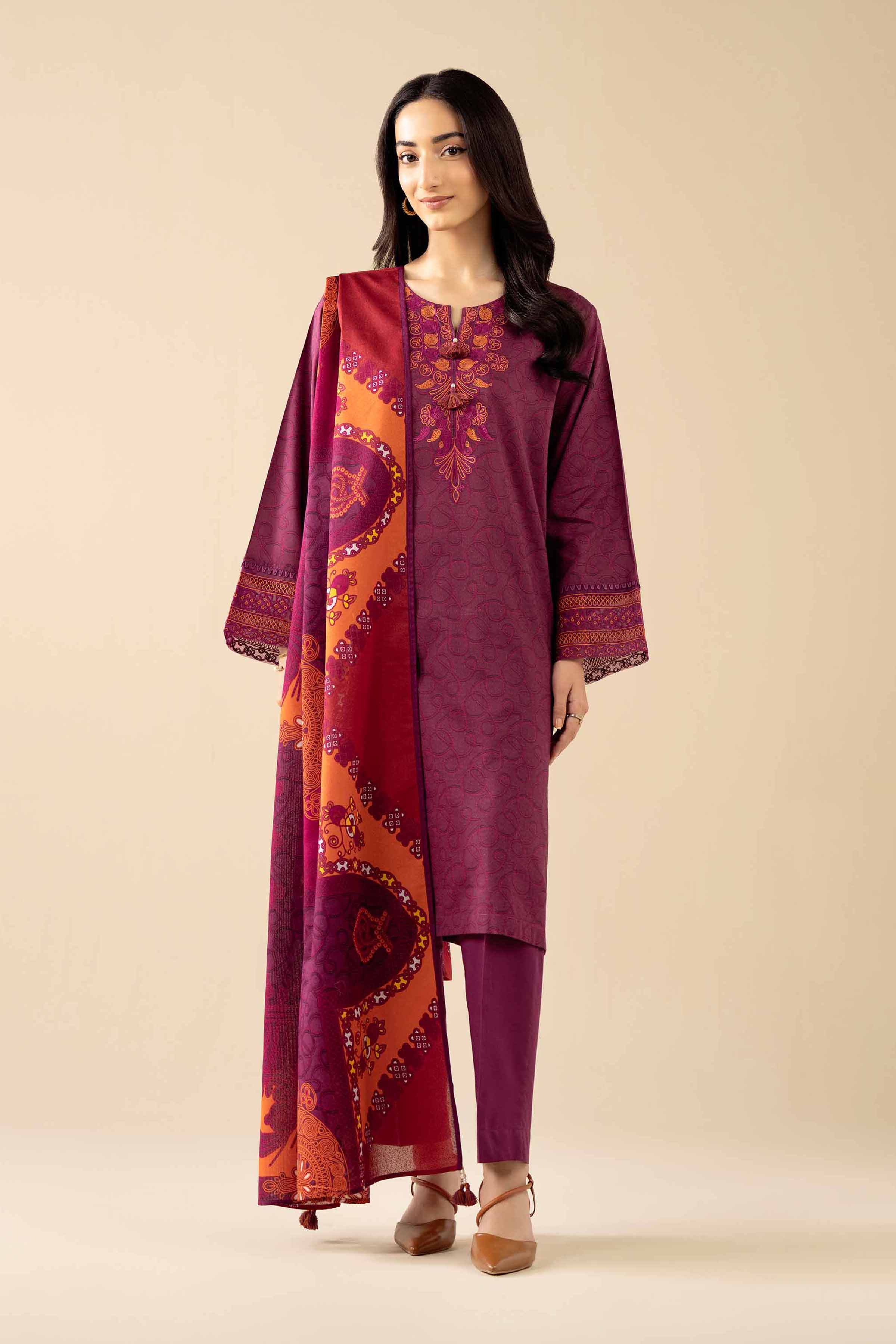 3 Piece - Printed Embroidered Suit - PW25-464