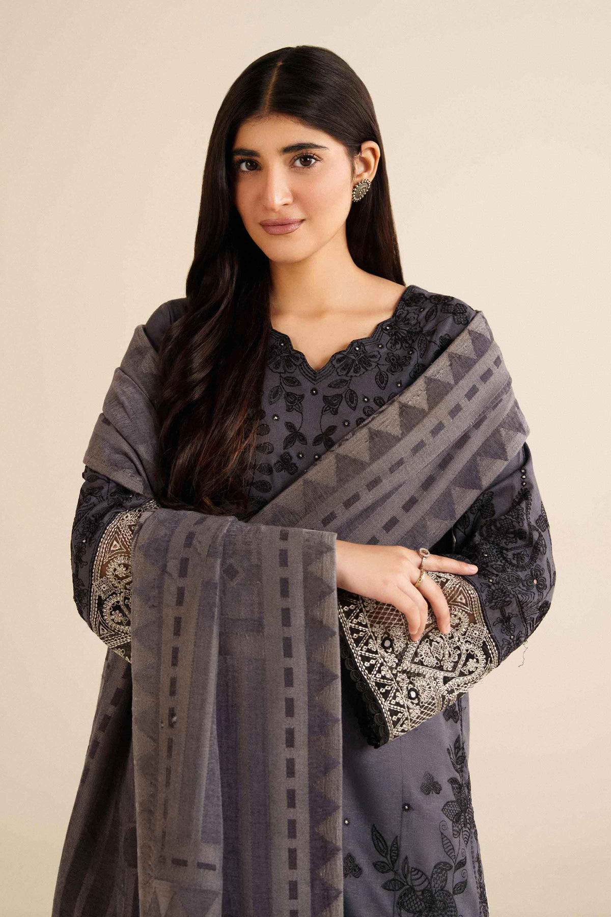 Grey 3 Piece - Embroidered Suit - PW25-483