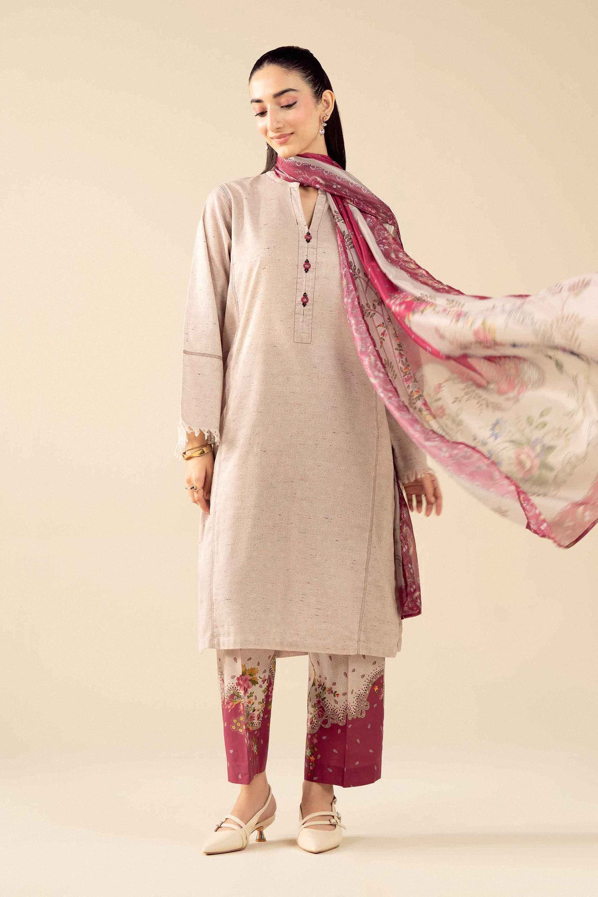 Beige 3 Piece - Printed Suit - PW25-536