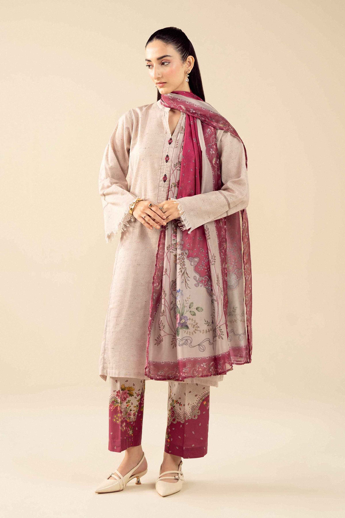 Beige 3 Piece - Printed Suit - PW25-536