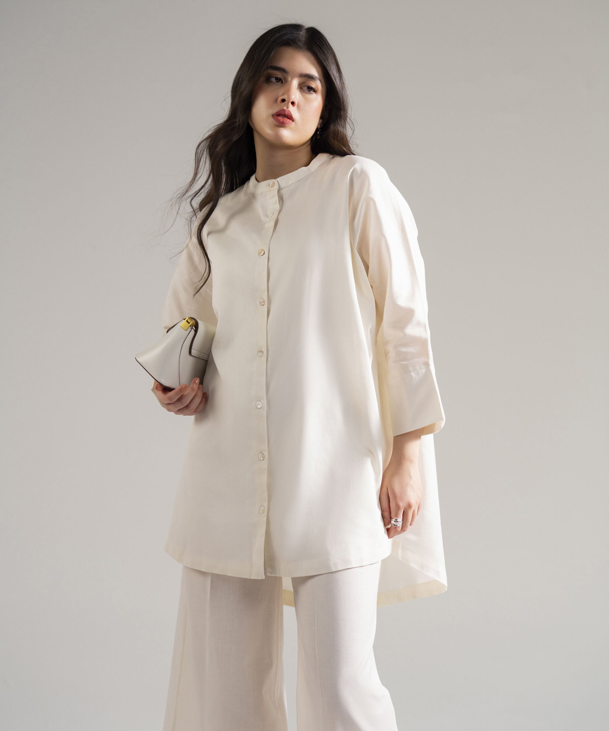 Women's RTW Cotton Linen Solid Off White 2 Piece Suit