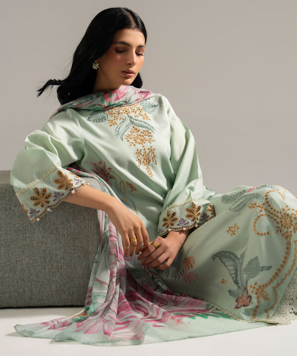3 Piece - Embroidered Dobby Crepe Suit