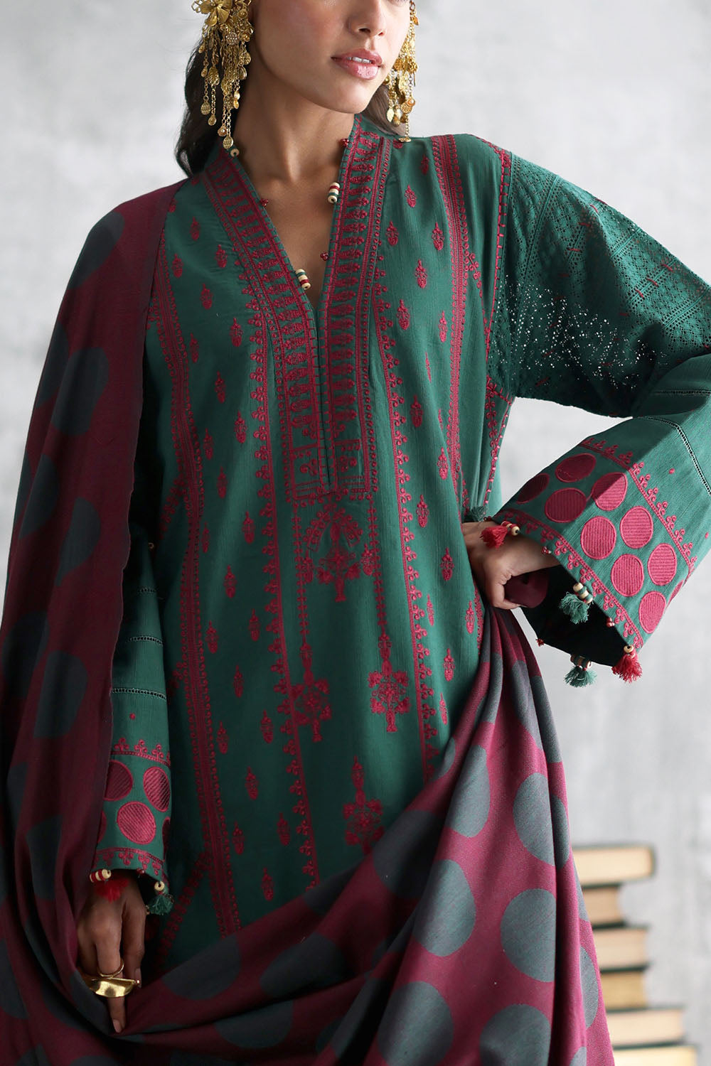 3 Piece Embroidered Khaddar Suit with Pashmina Jacquard Dupatta
