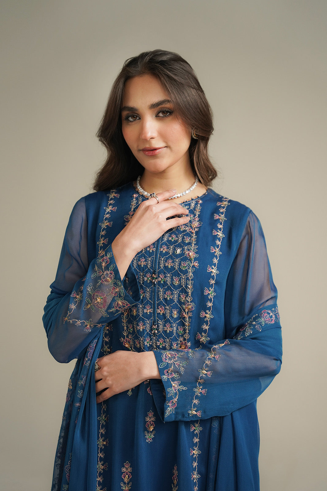 3 Piece Chiffon Embroidered Unstitched Suit (UF0038)