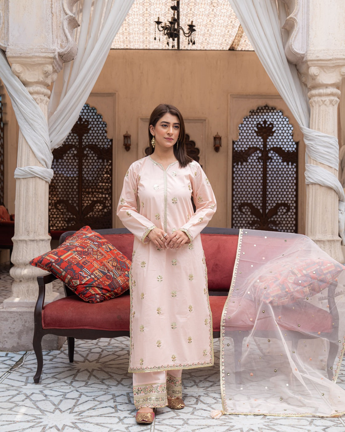 Pink Mist Powder Pink Suit | Floral Sequin & Organza Dupatta Dress