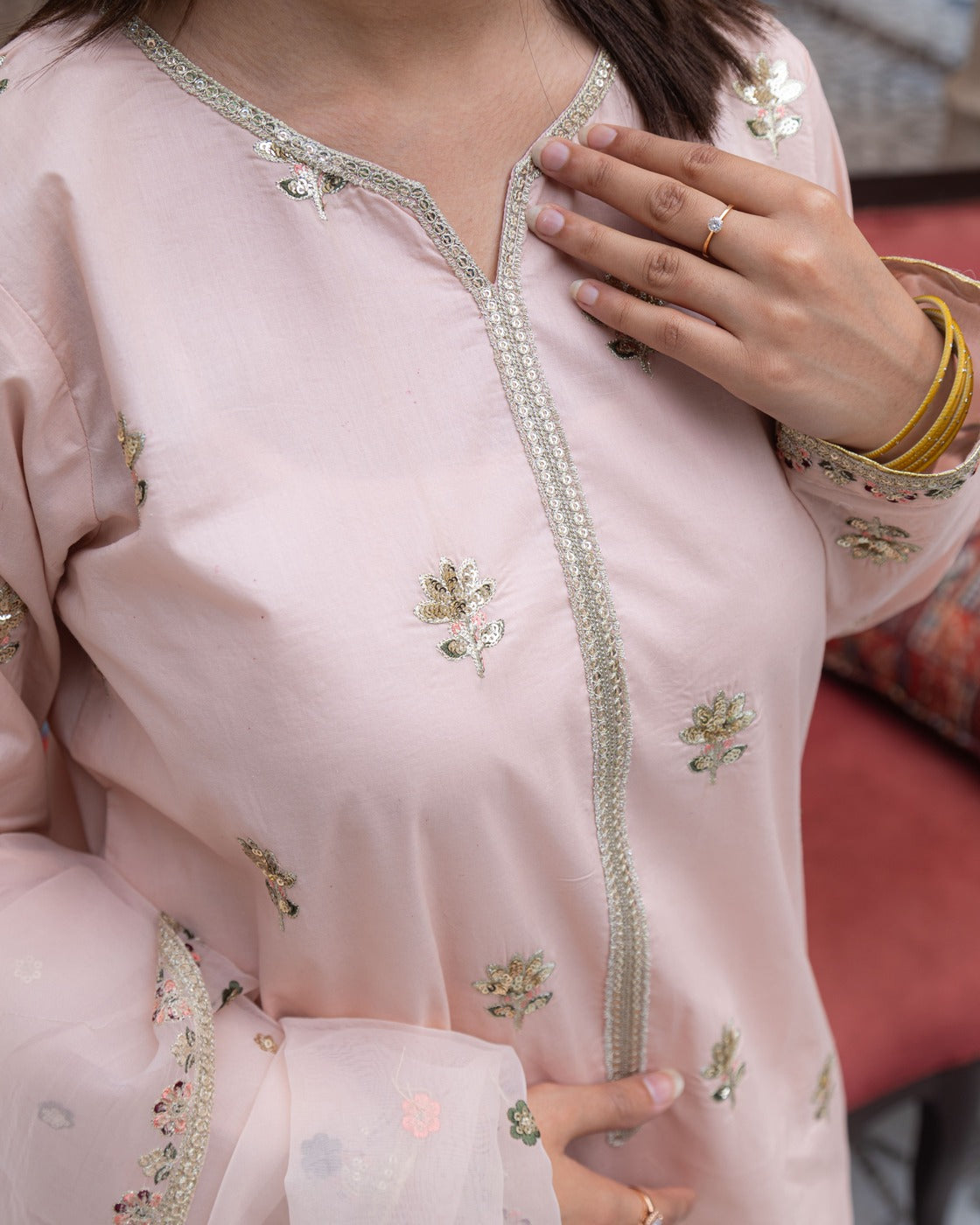 Pink Mist Powder Pink Suit | Floral Sequin & Organza Dupatta Dress