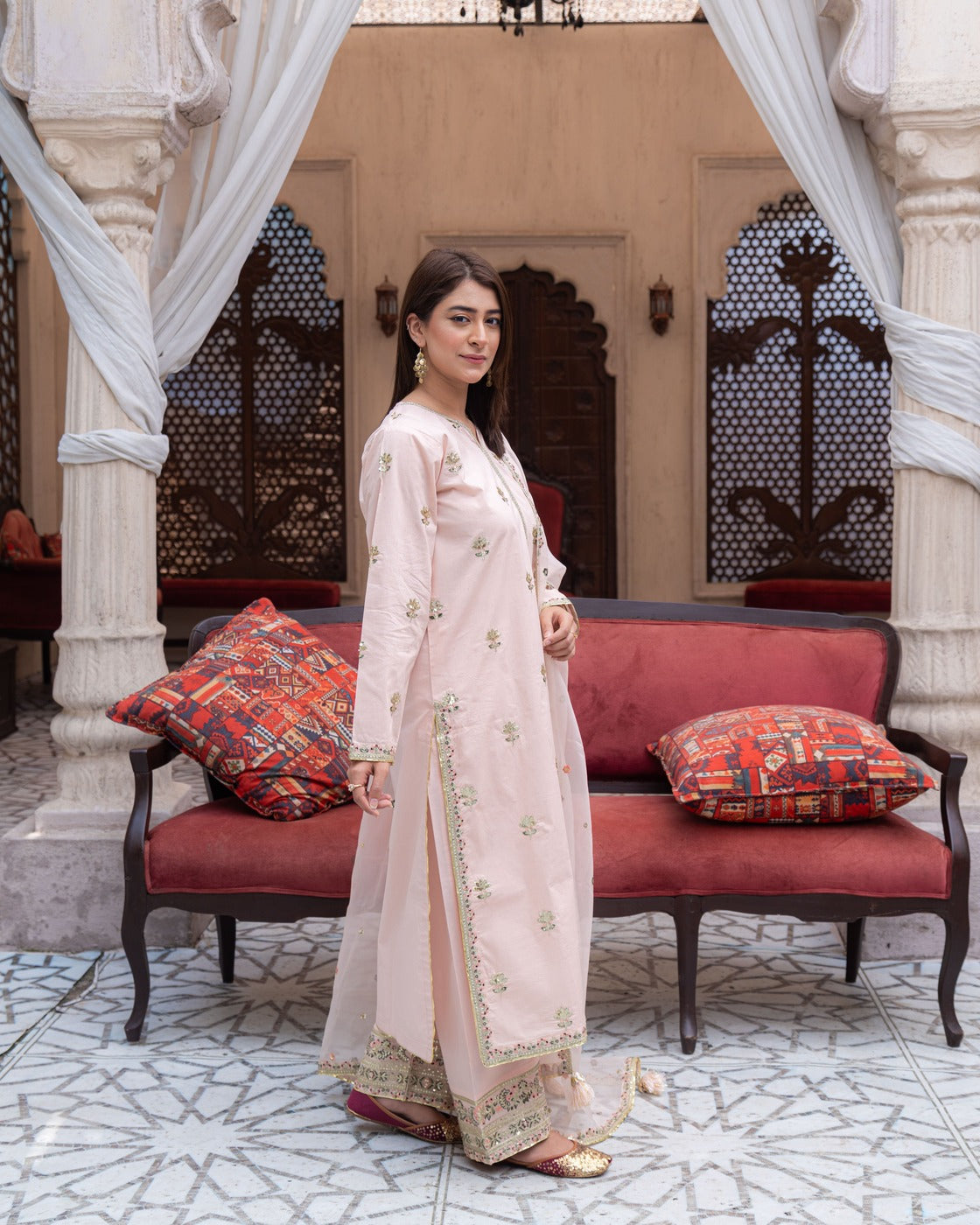 Pink Mist Powder Pink Suit | Floral Sequin & Organza Dupatta Dress