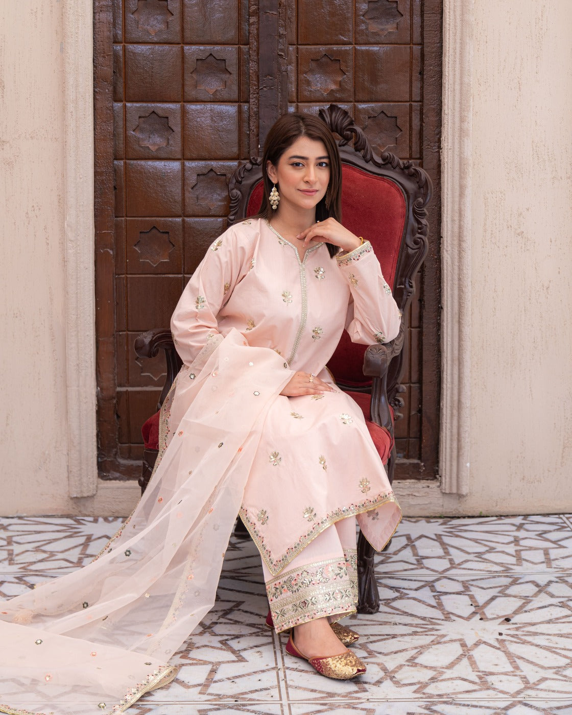 Pink Mist Powder Pink Suit | Floral Sequin & Organza Dupatta Dress
