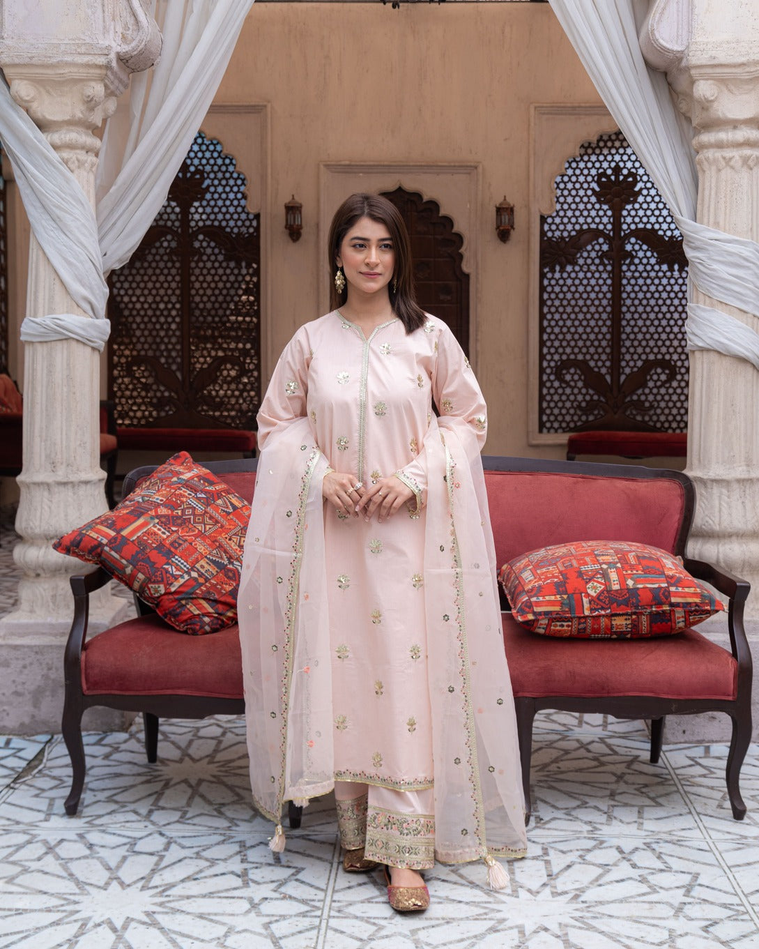 Pink Mist Powder Pink Suit | Floral Sequin & Organza Dupatta Dress