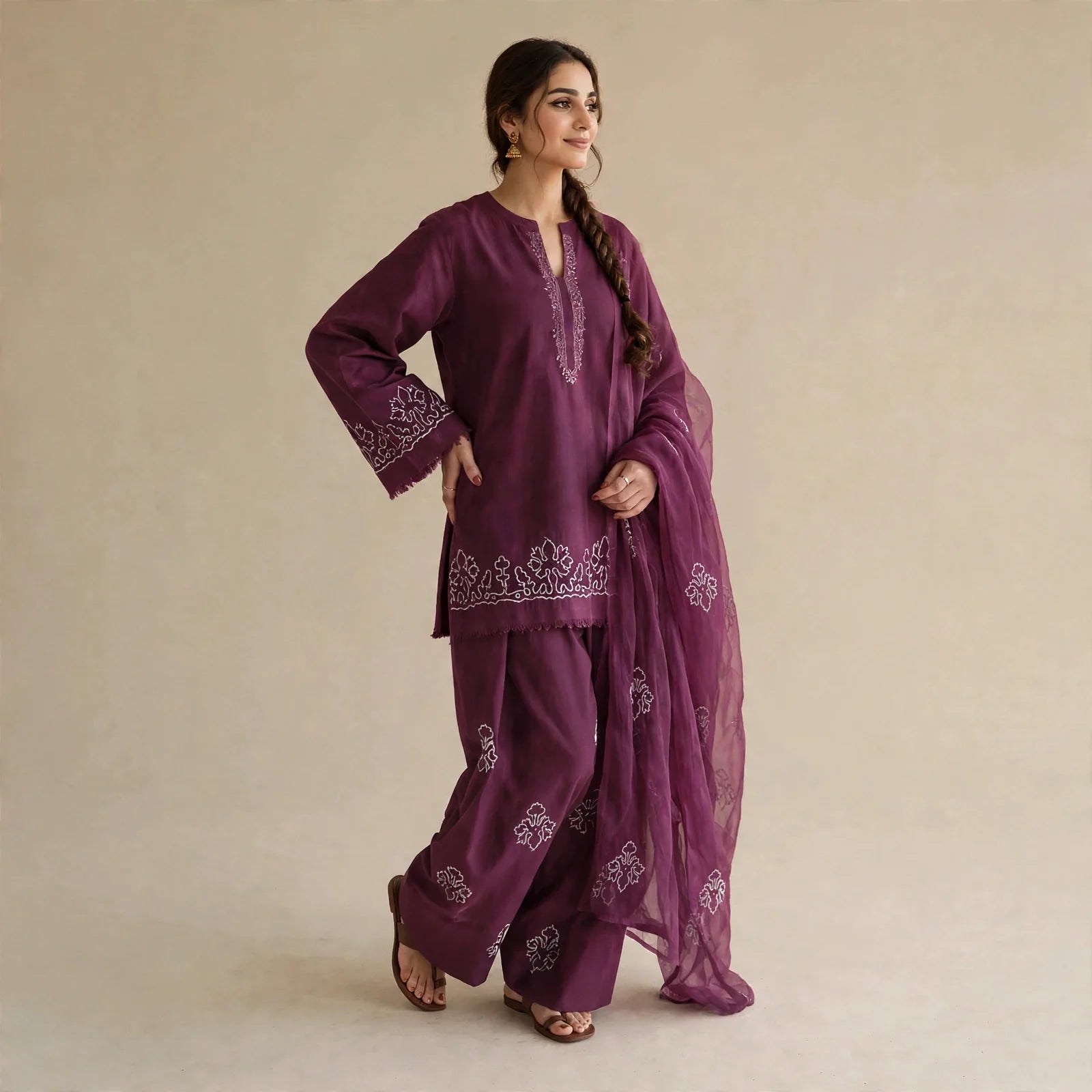 Plum Berry- Embroided 3 pieces suit for women