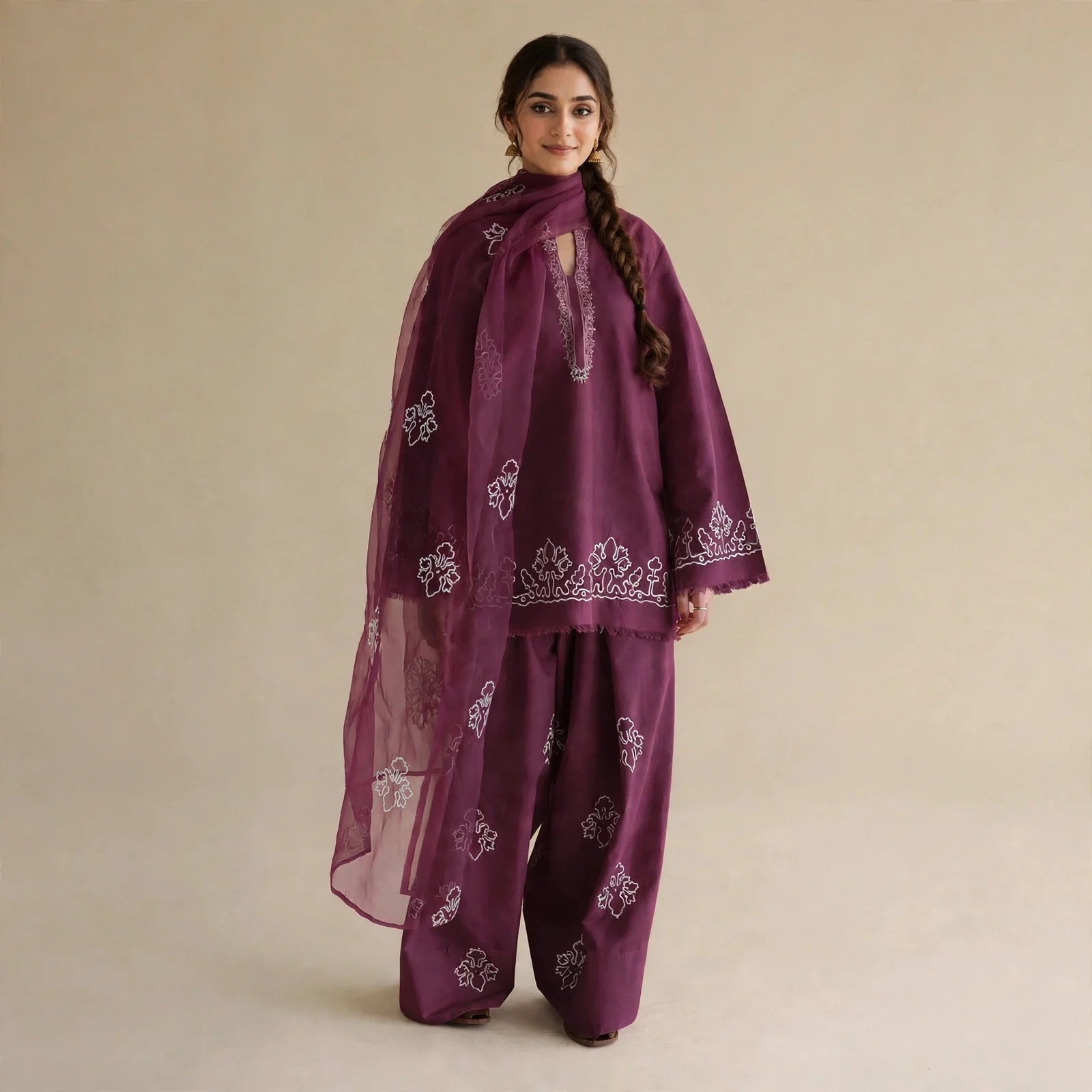 Plum Berry- Embroided 3 pieces suit for women