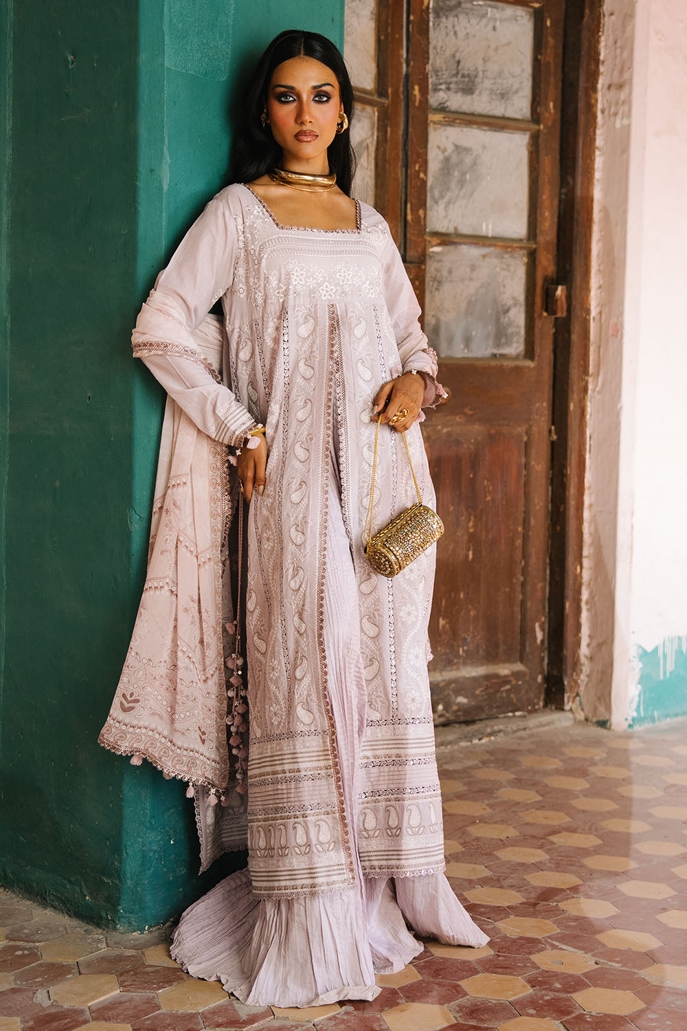 3 Piece Embroidered Lawn Suit with Borders and Printed Chiffon Dupatta