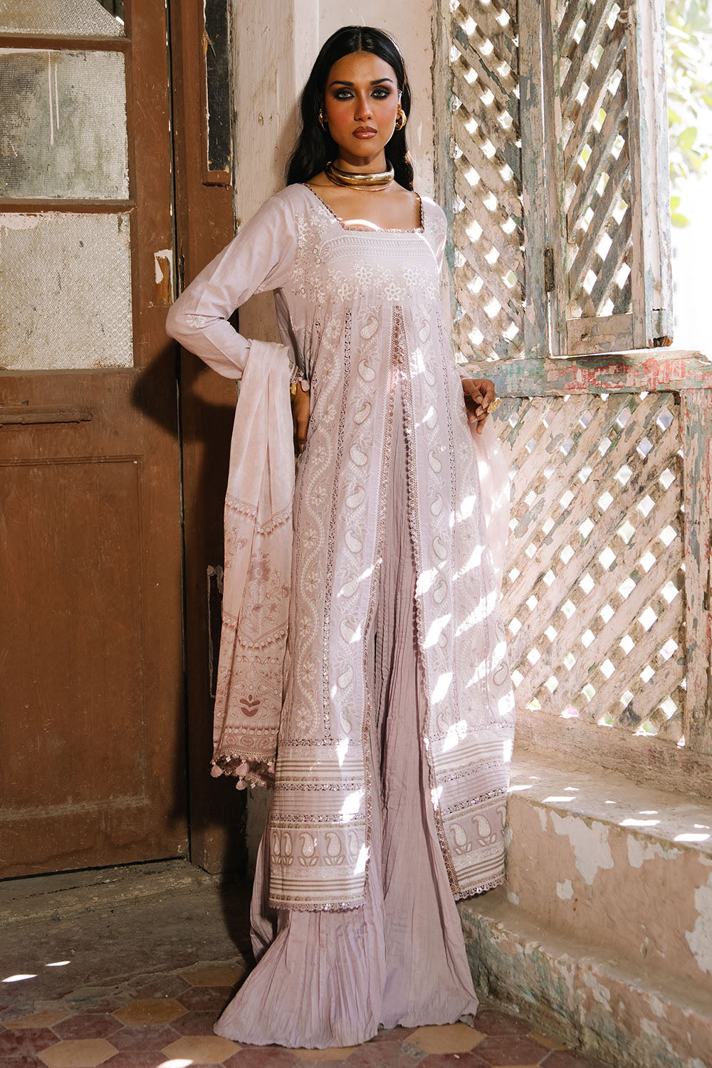3 Piece Embroidered Lawn Suit with Borders and Printed Chiffon Dupatta