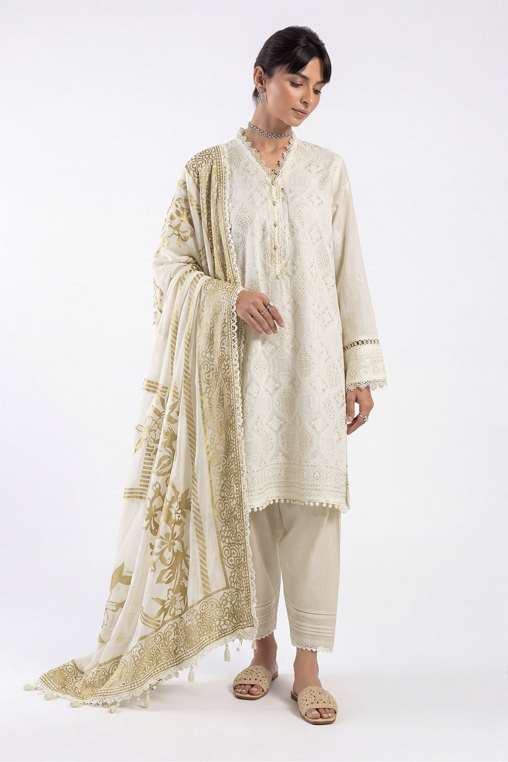 3 Piece Embroidered Lawn Suit and Gold Printed Chiffon Dupatta