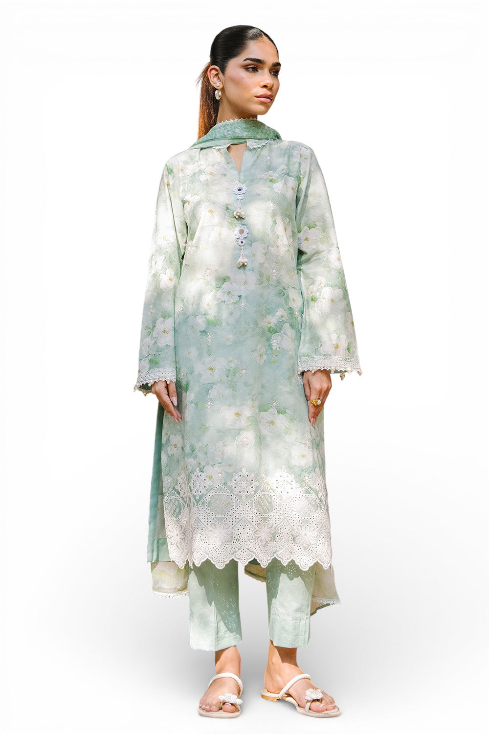 3 Piece Embroidered Printed Lawn Suit with Printed Chiffon Dupatta