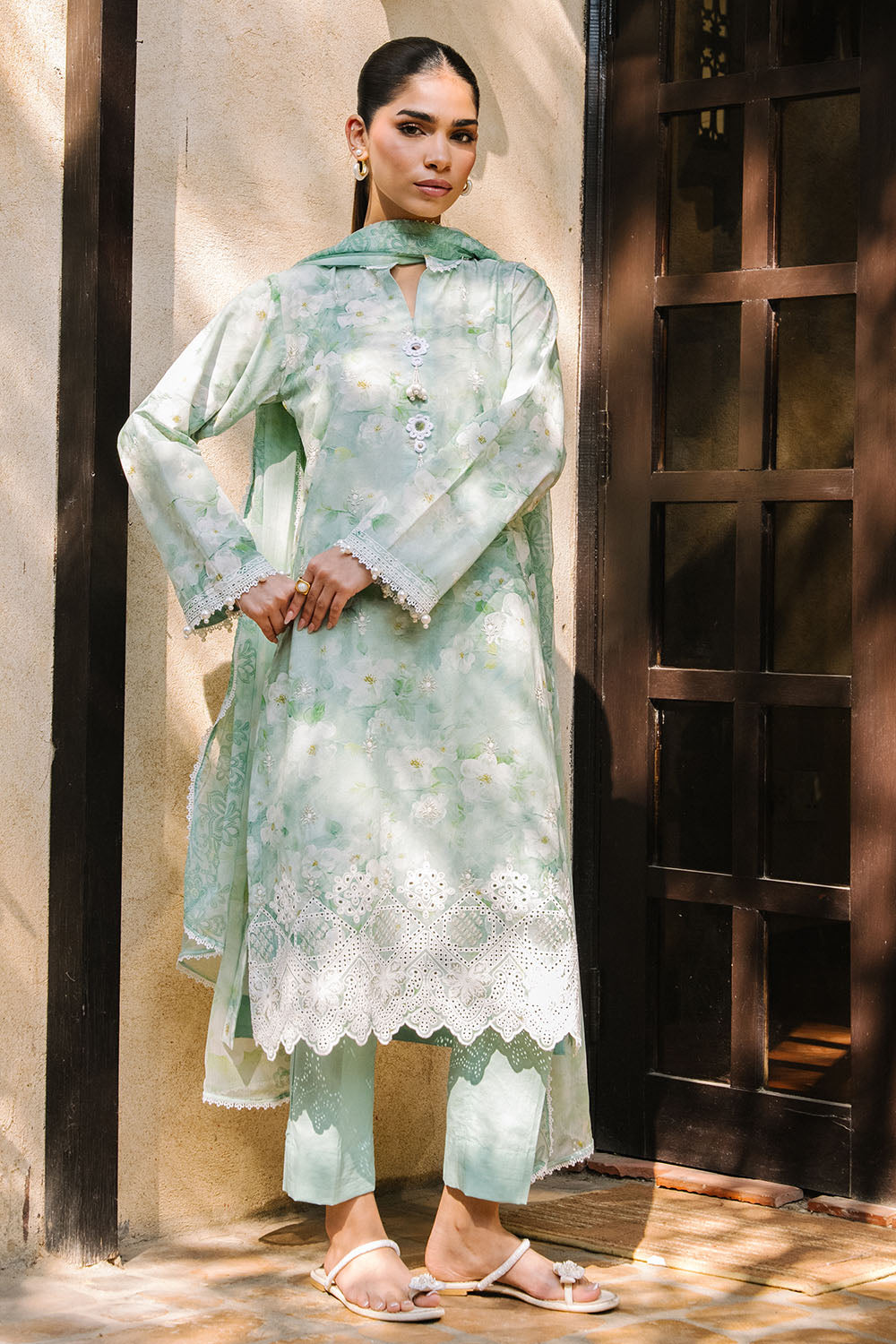3 Piece Embroidered Printed Lawn Suit with Printed Chiffon Dupatta