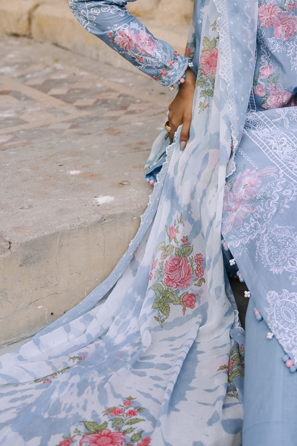 3 Piece Embroidered Lawn Suit with Borders and Printed Chiffon Dupatta